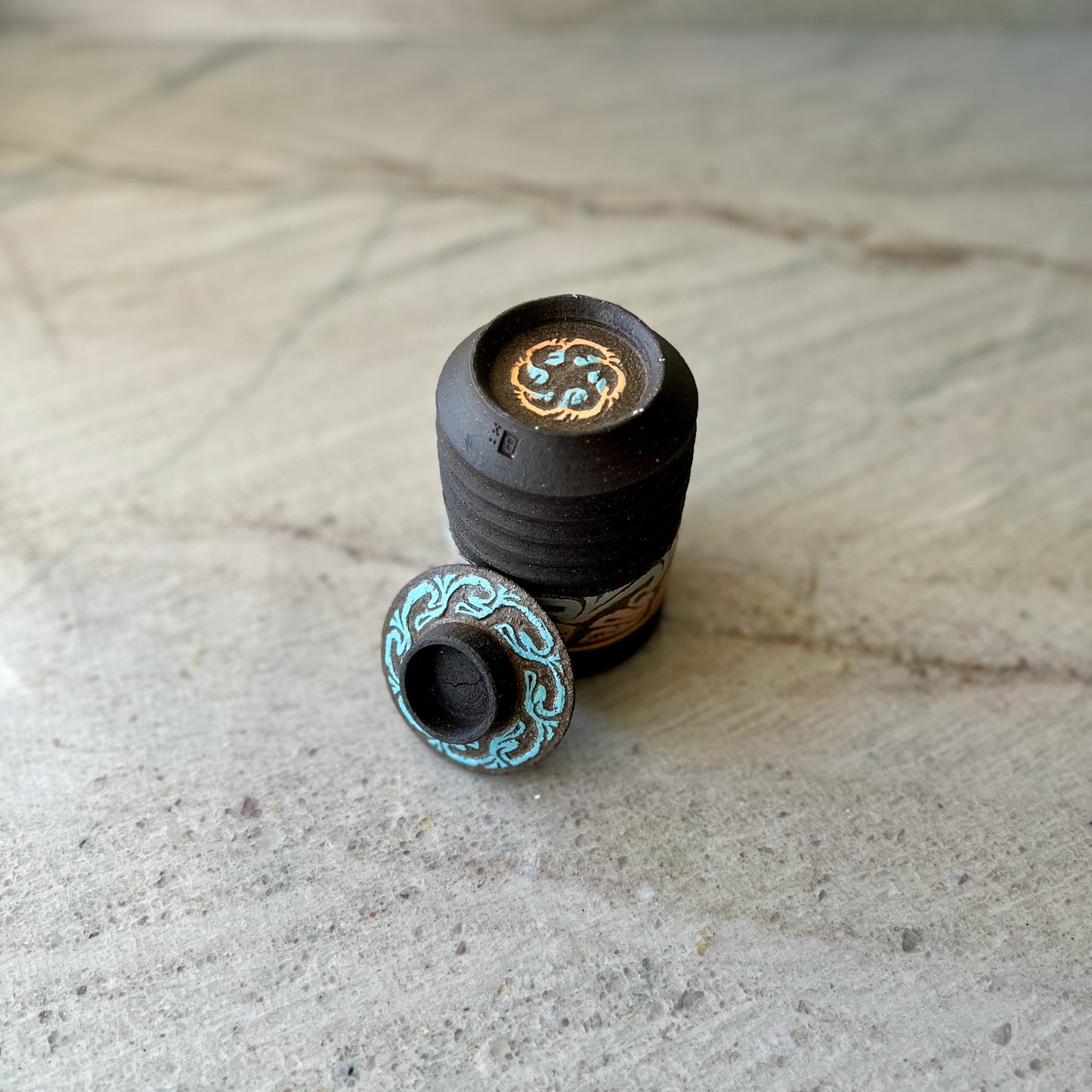 Small Tall Stash Jar, Charcoal Clay and Colored Carvings