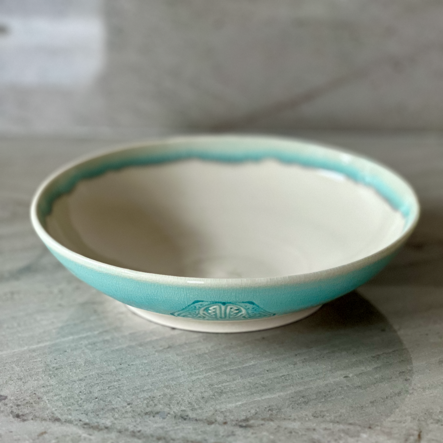 Shallow Bowl With Intricate Detail Carvings, Translucent Blue Glaze