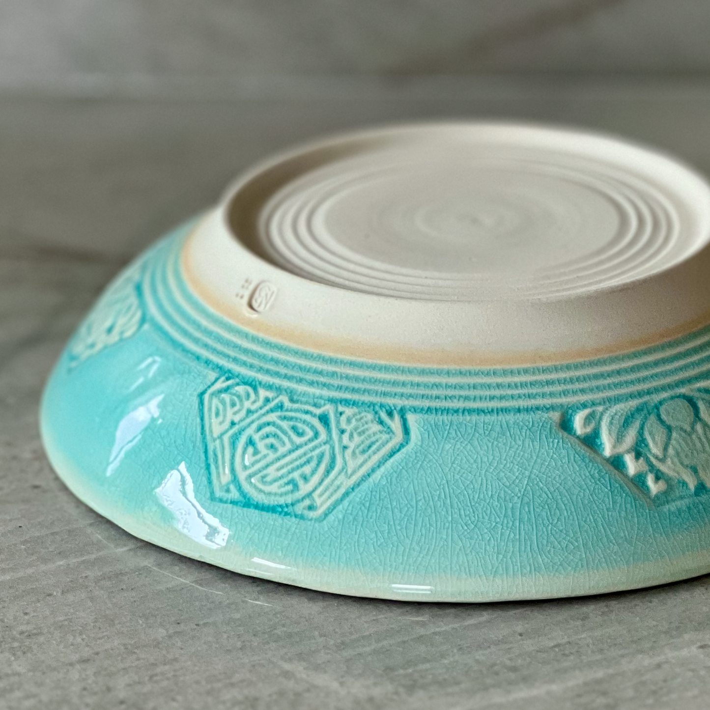 Shallow Bowl With Intricate Detail Carvings, Translucent Blue Glaze
