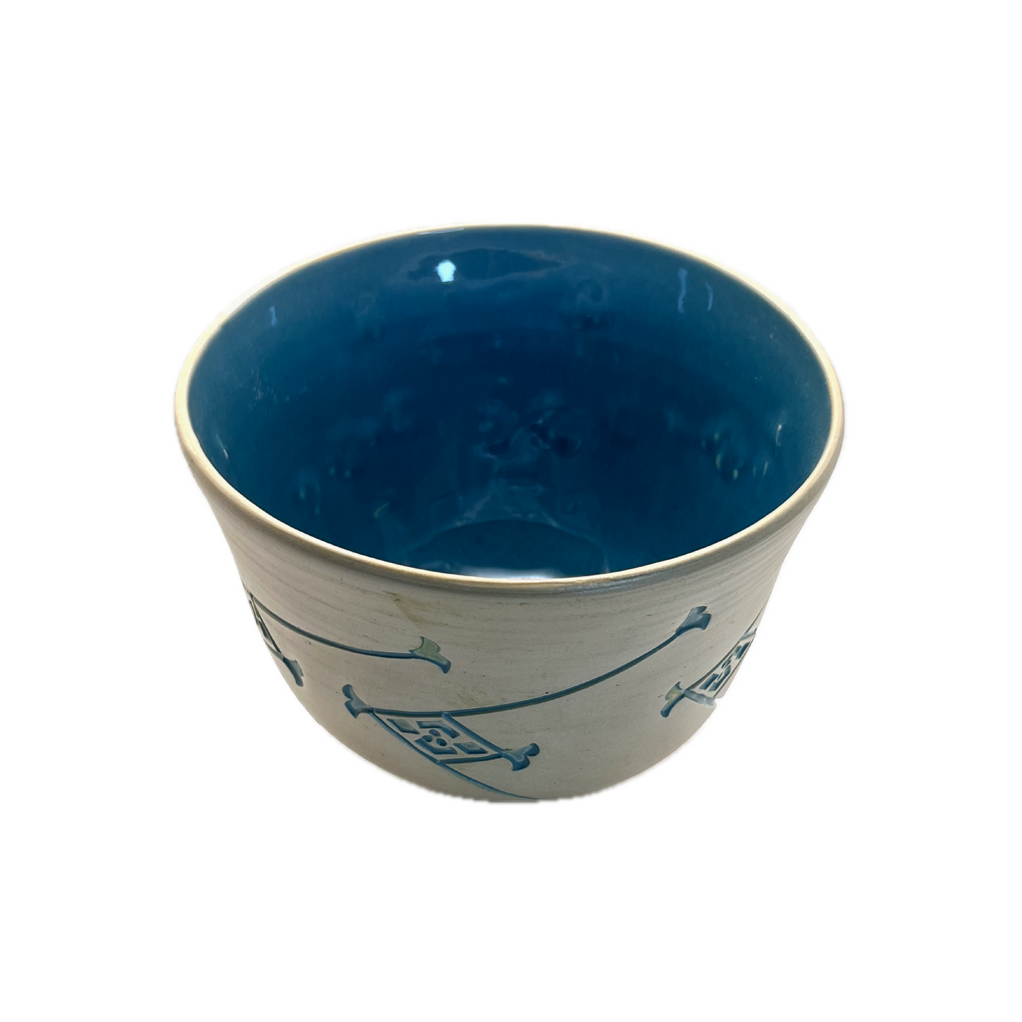 Hand Carved Medium White Clay Bowl, Blue/Green Glaze and Bare Clay