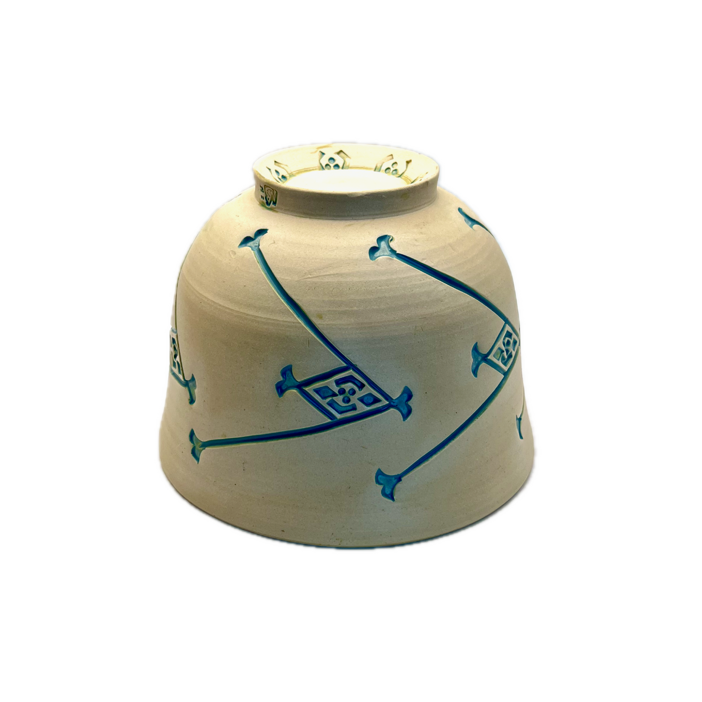 Hand Carved Medium White Clay Bowl, Blue/Green Glaze and Bare Clay