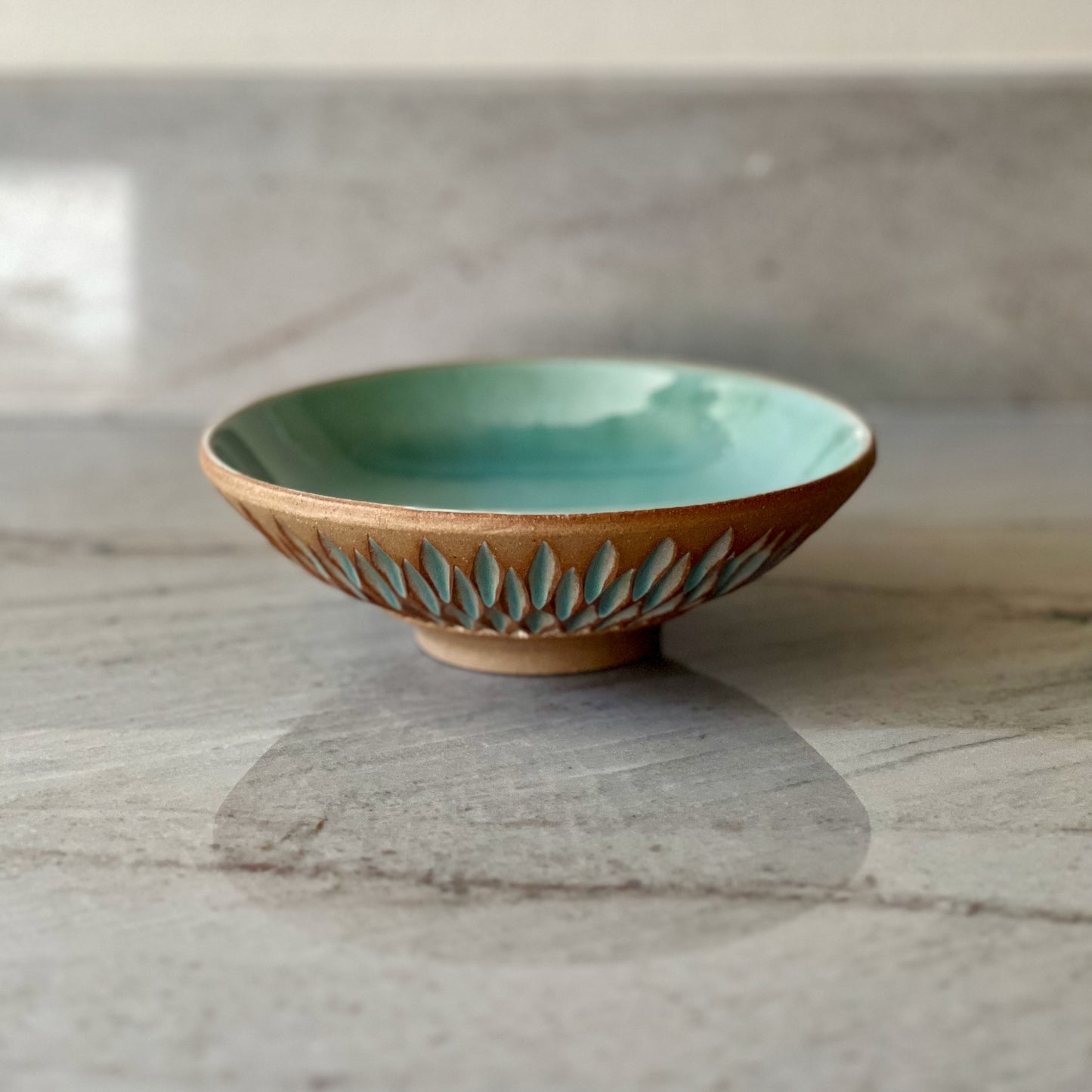 Small Low Bowl, Light Brown Clay, Blue Green Glaze