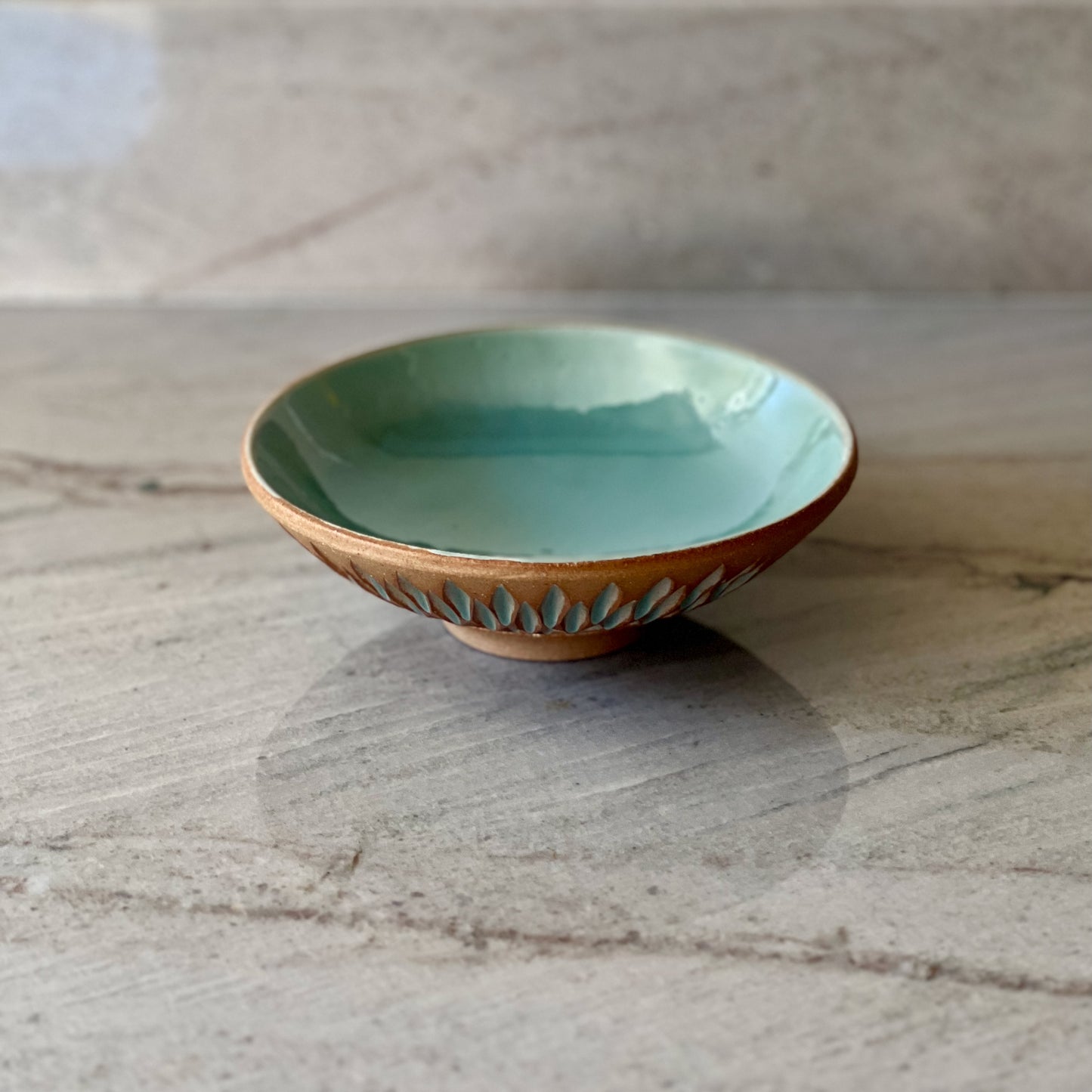 Small Low Bowl, Light Brown Clay, Blue Green Glaze