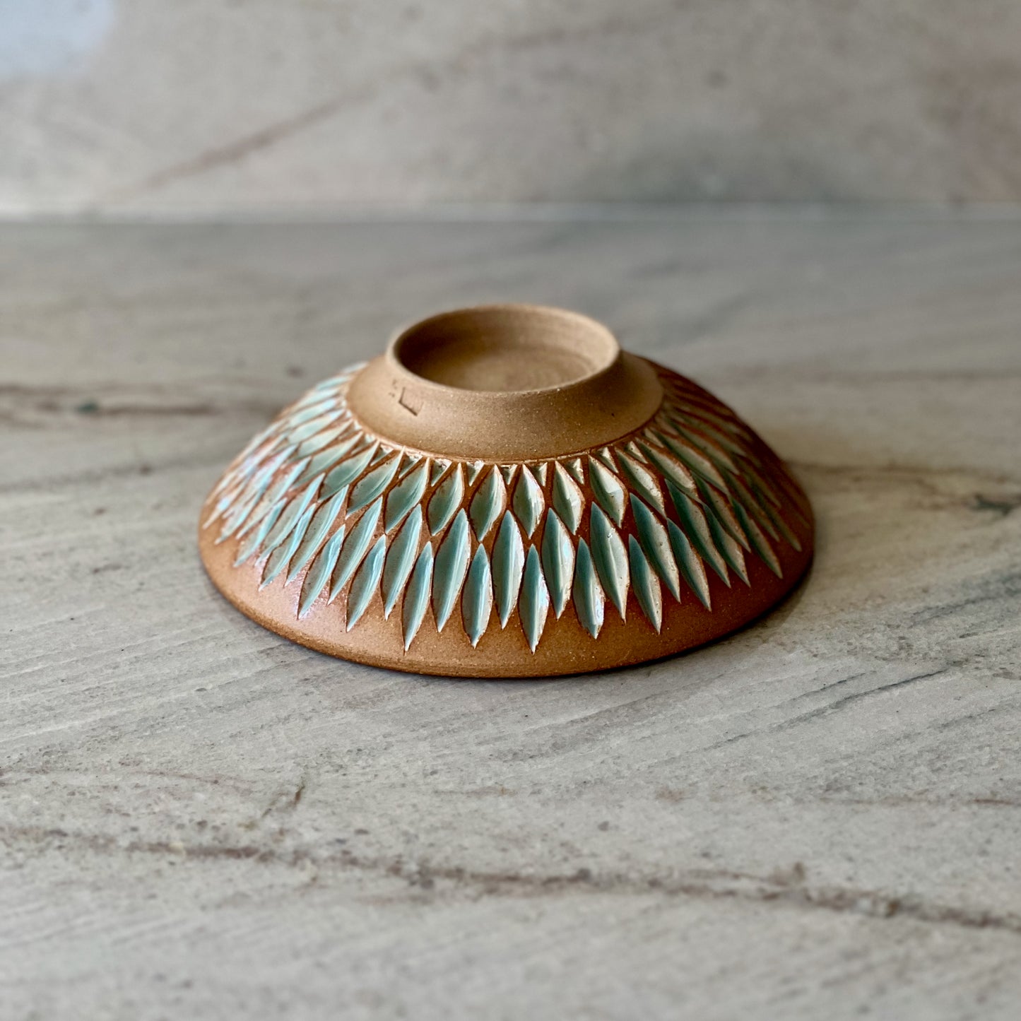 Small Low Bowl, Light Brown Clay, Blue Green Glaze