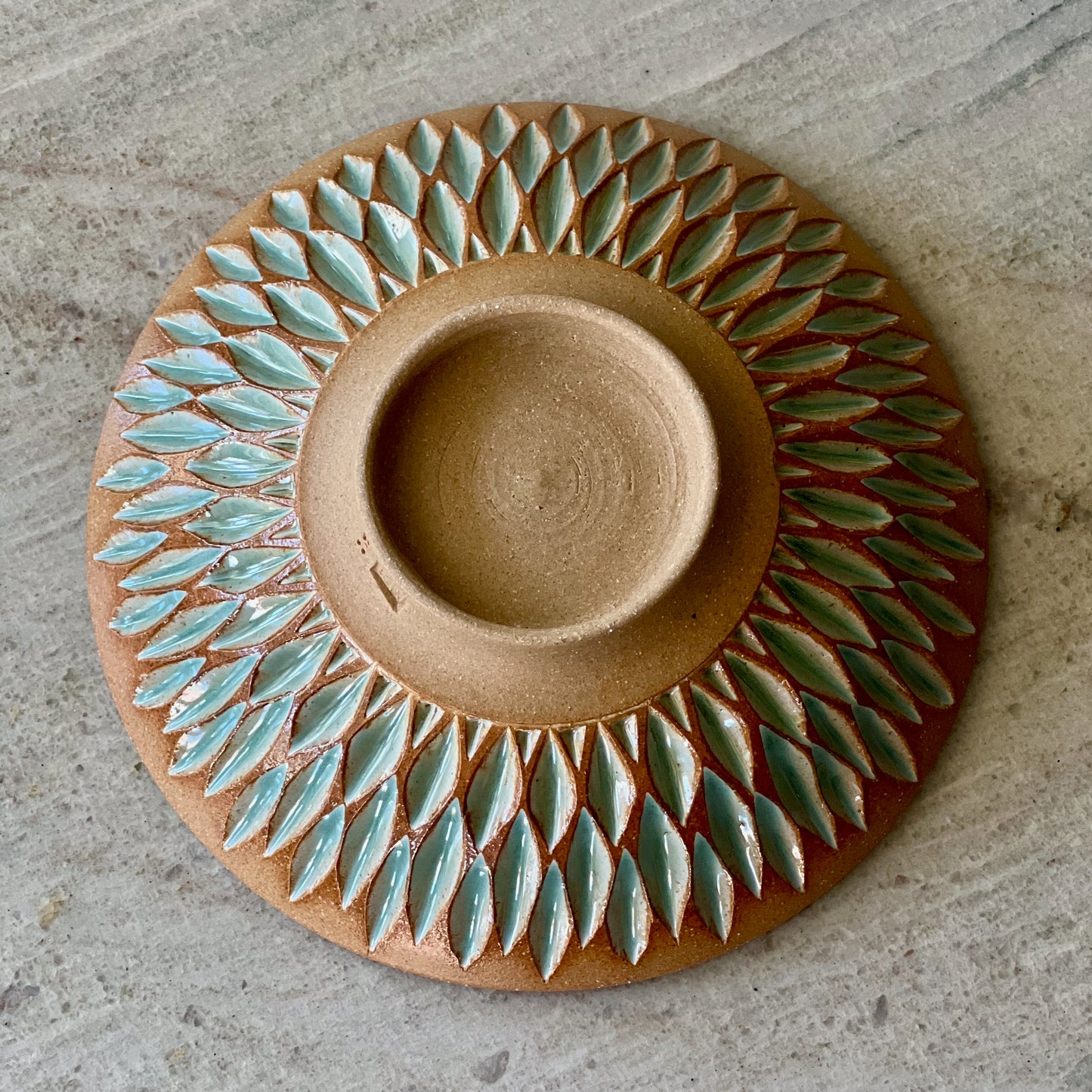 Small Low Bowl, Light Brown Clay, Blue Green Glaze