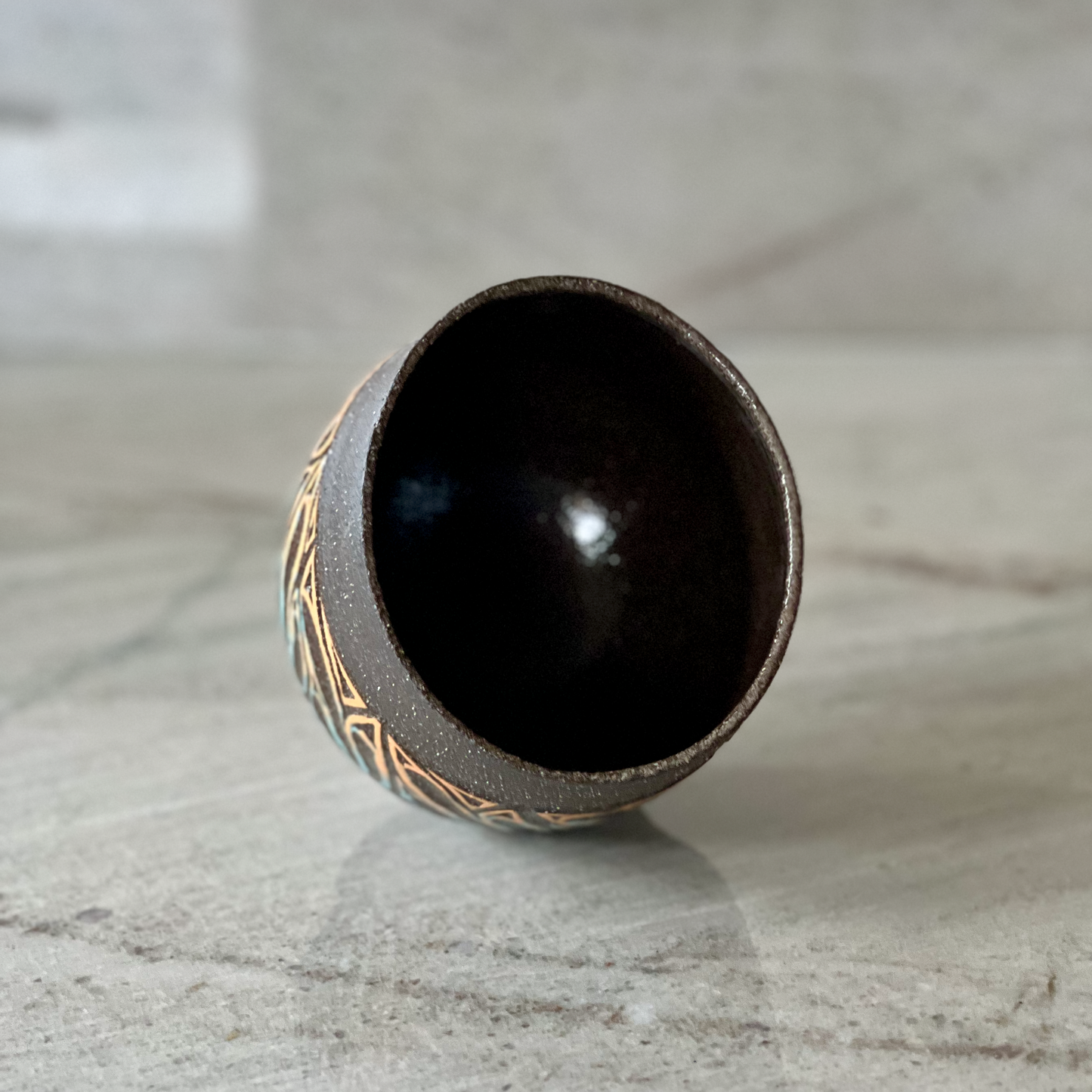 Hand Carved Black Clay Cup – Colored Slip Detail