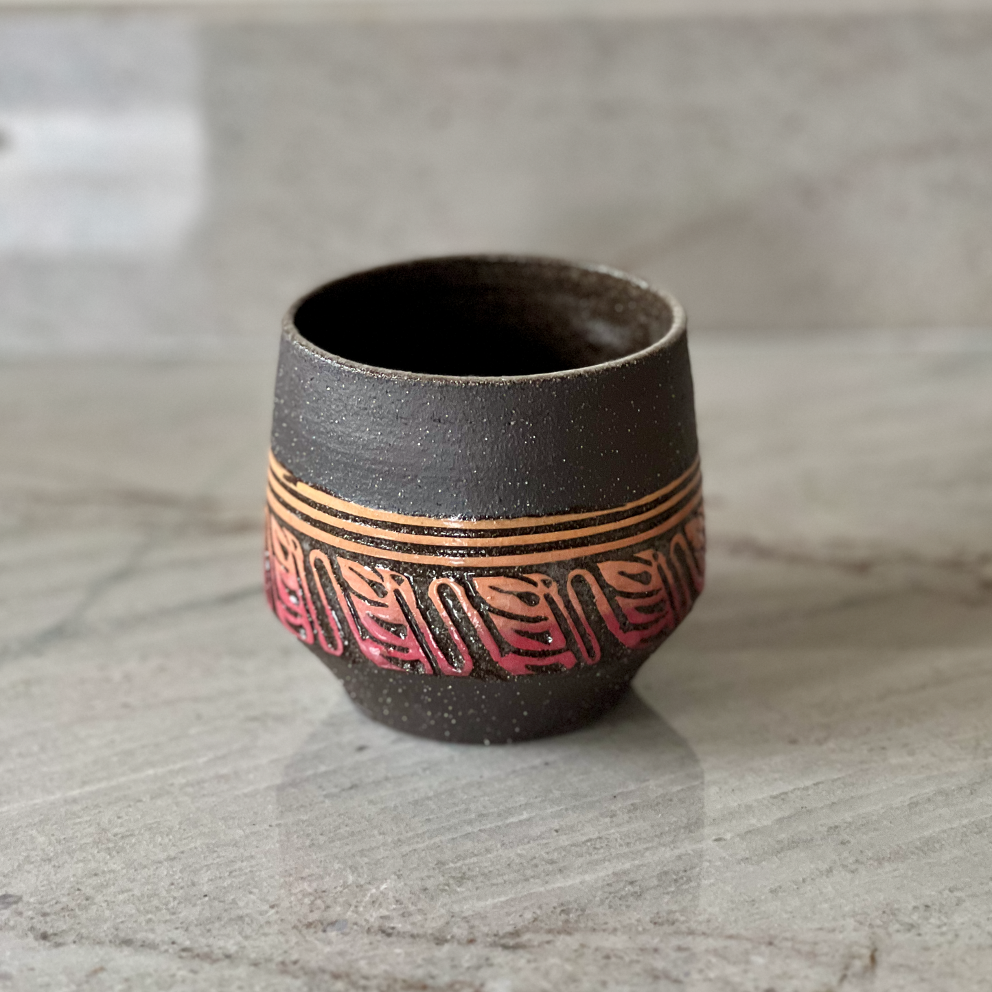 Small Hand Carved Black Clay Cup – Colored Slip Detail