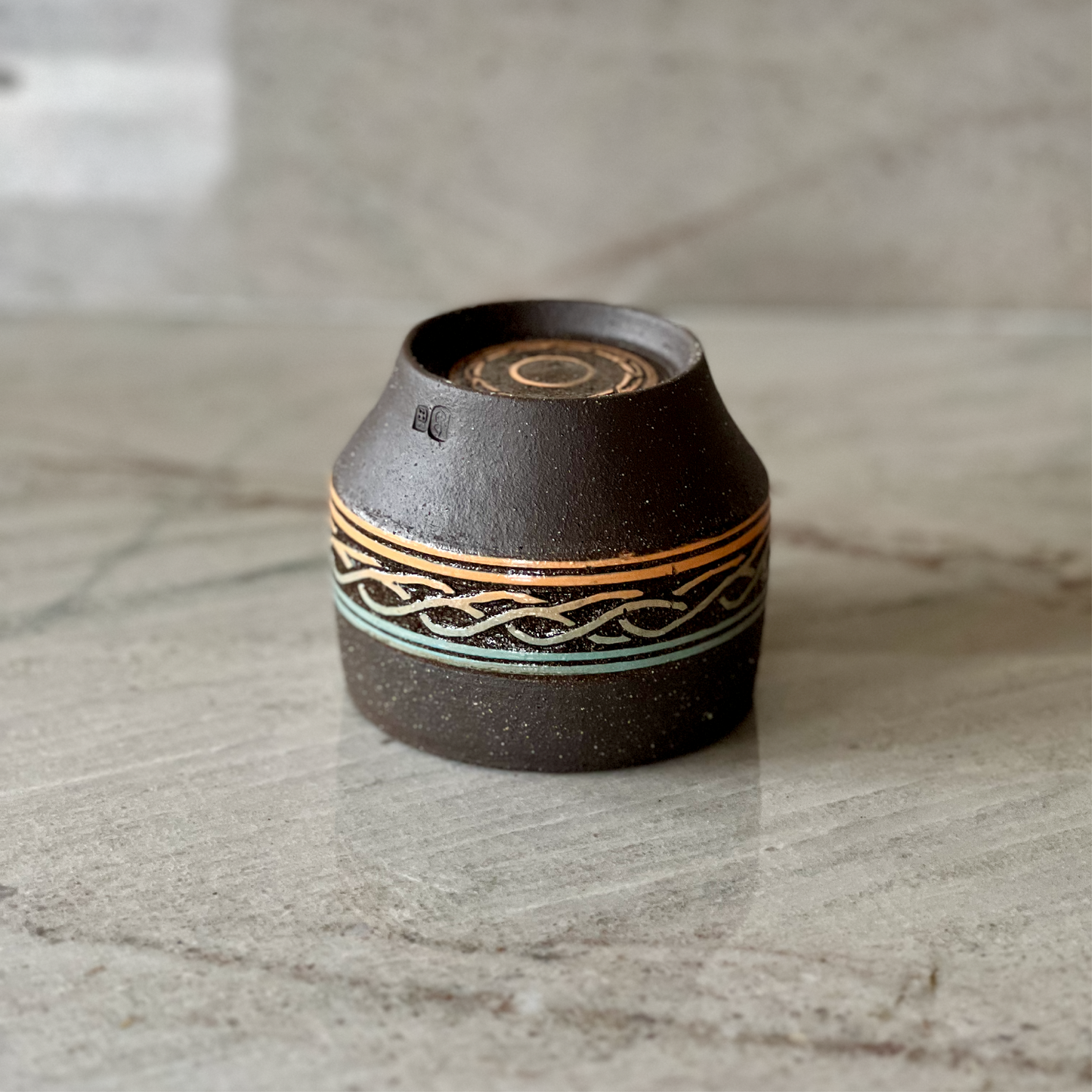 Hand Carved Black Clay Cup, Colored Slip Detail
