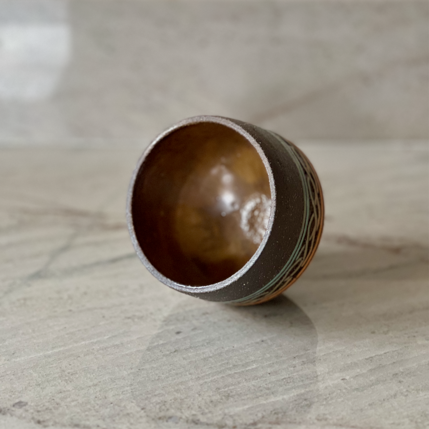 Hand Carved Black Clay Cup, Colored Slip Detail