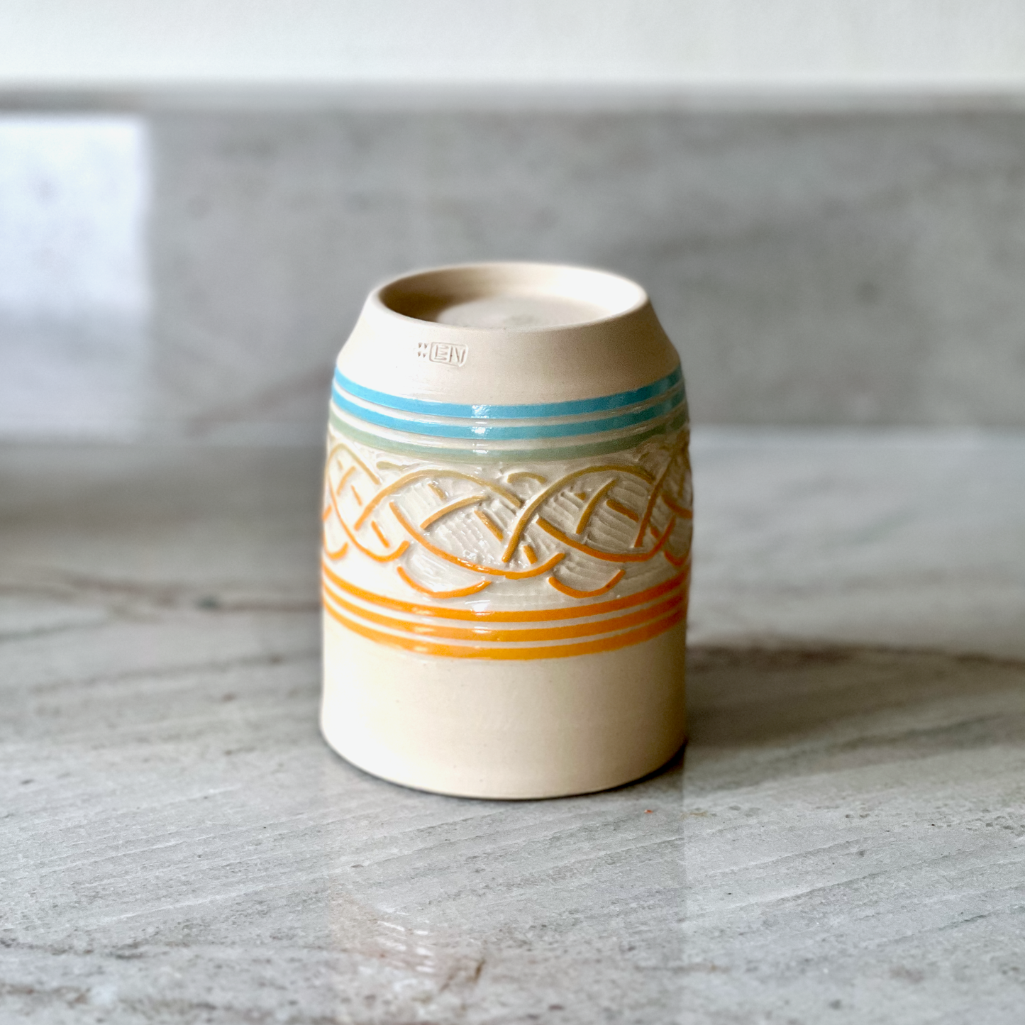 Hand Carved White Clay Cup, Colored Slip Detail