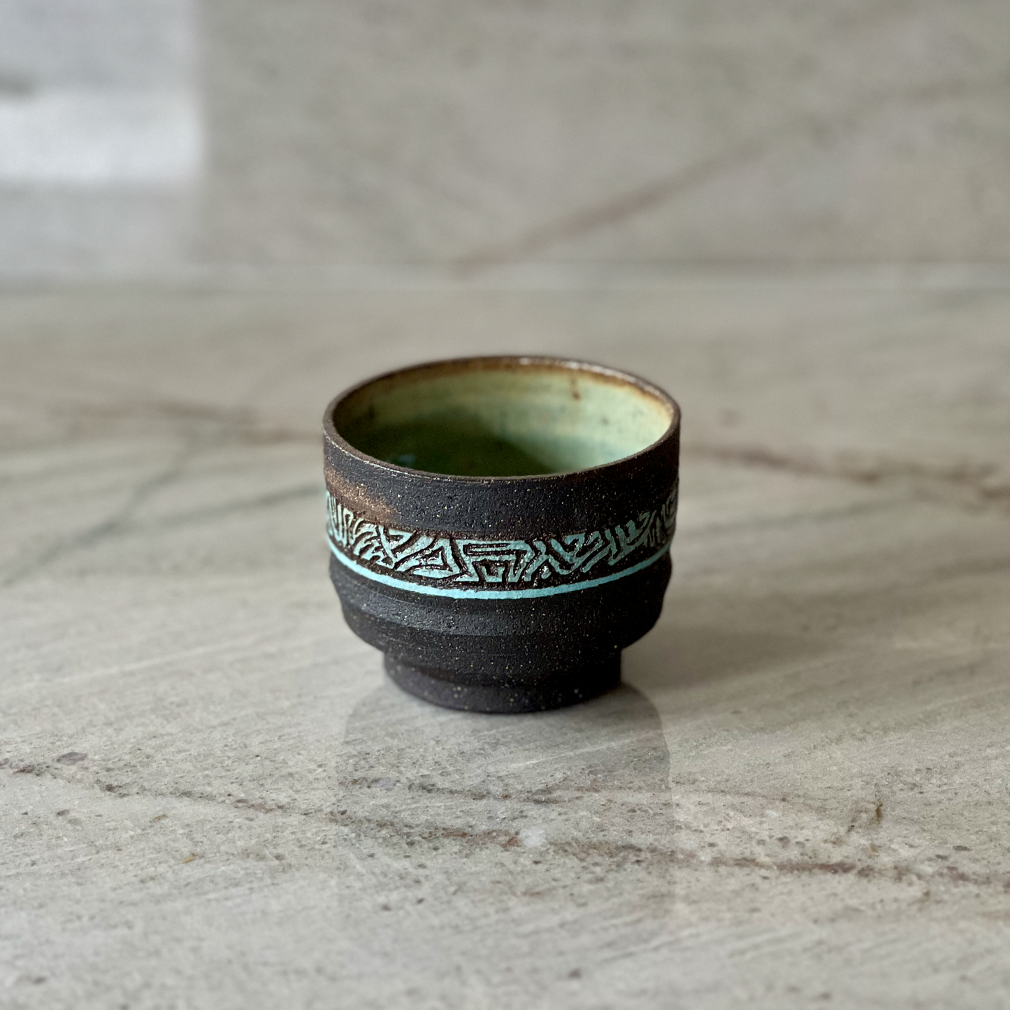 Hand Carved Black Clay Cup, Blue Slip Detail