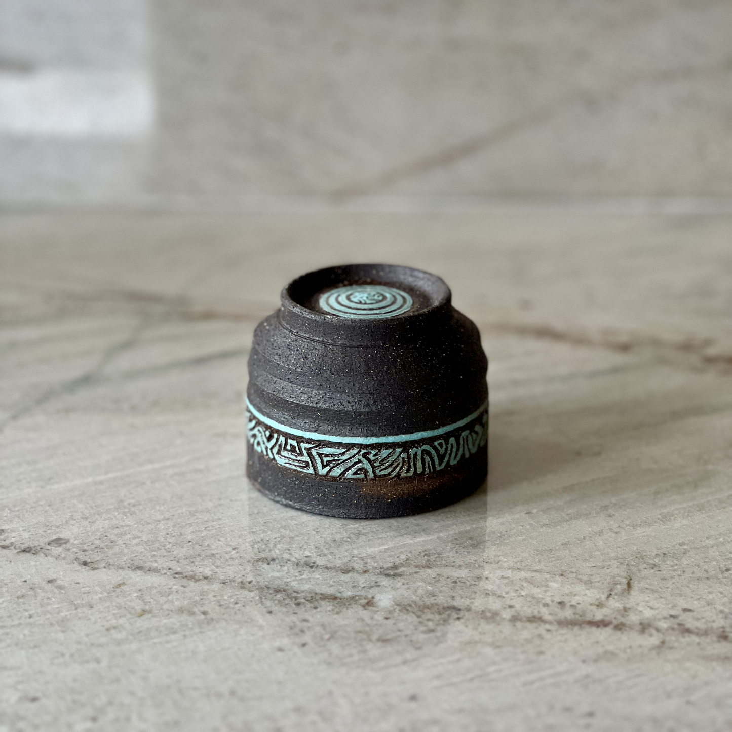 Hand Carved Black Clay Cup, Blue Slip Detail
