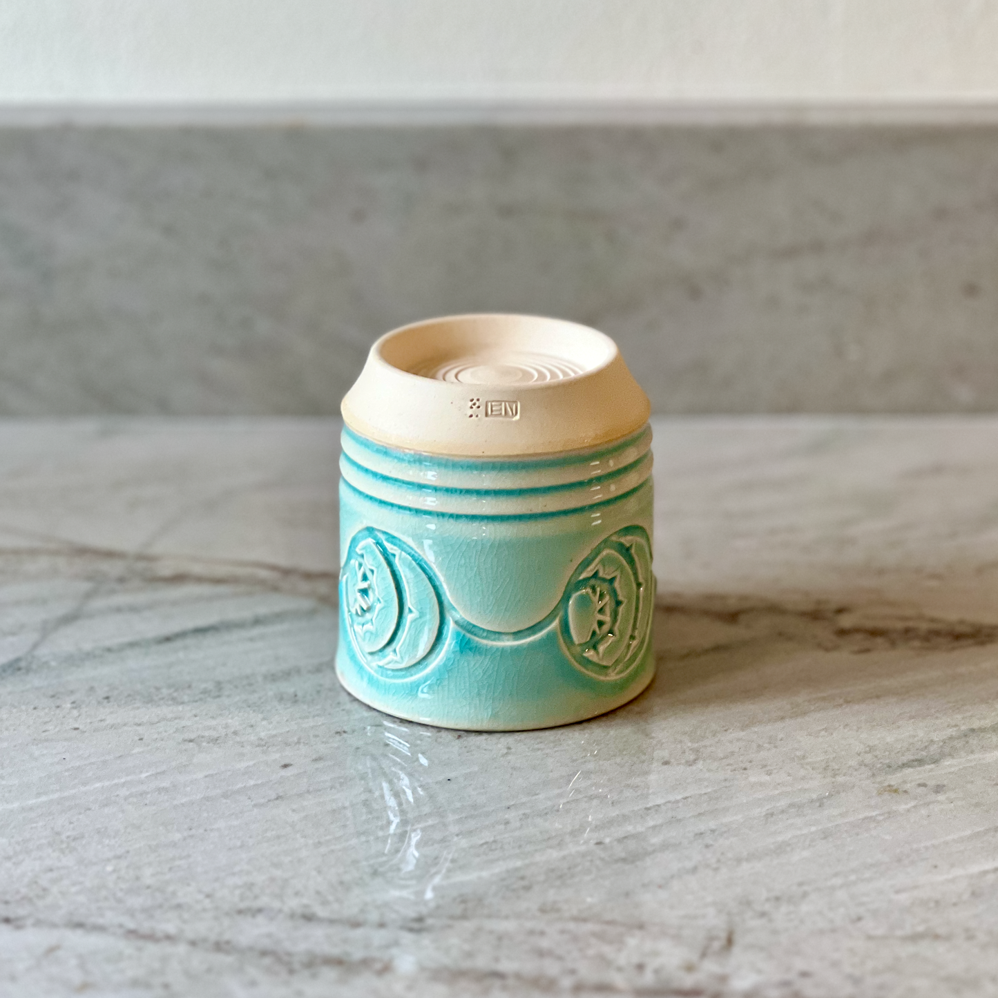 Small Hand Carved Cup, Translucent Blue Glaze