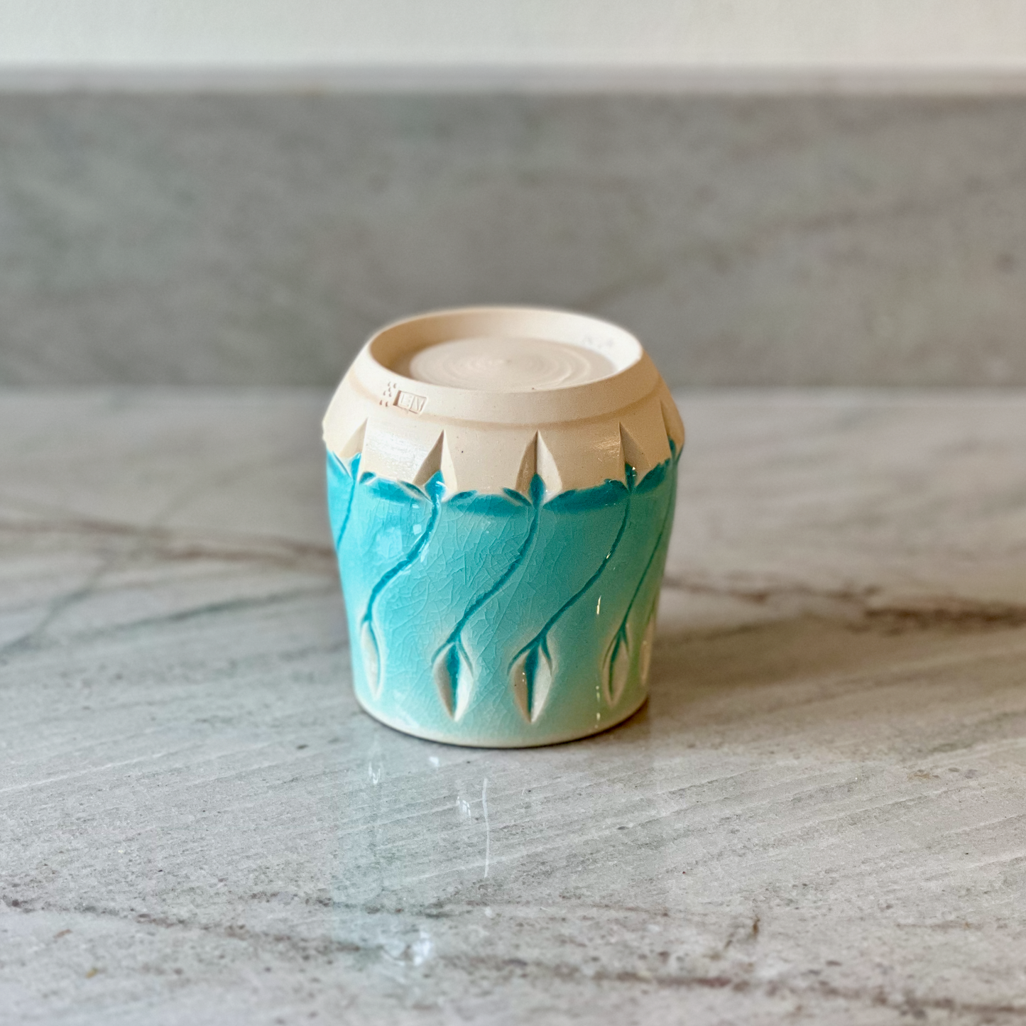Small Hand Carved Cup, Translucent Blue Glaze