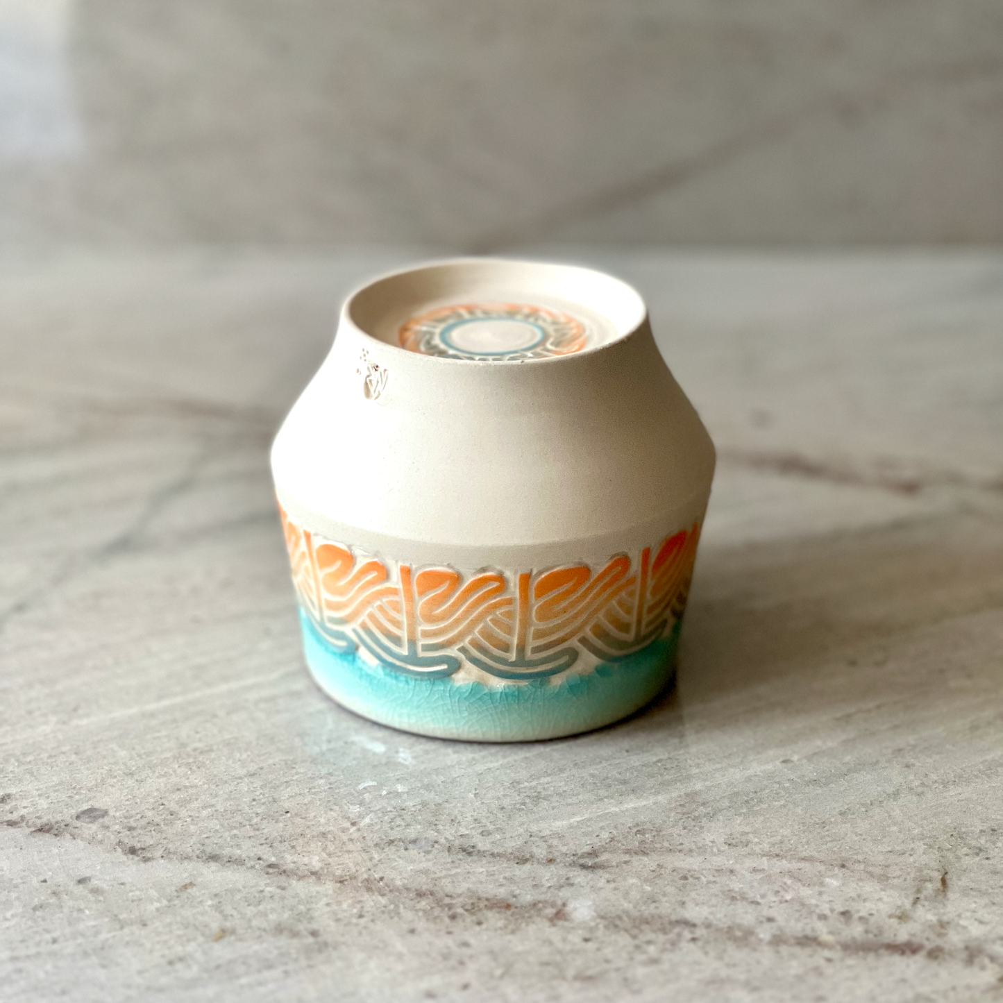Medium Porcelain Cup, Color Slip and Blue Glaze
