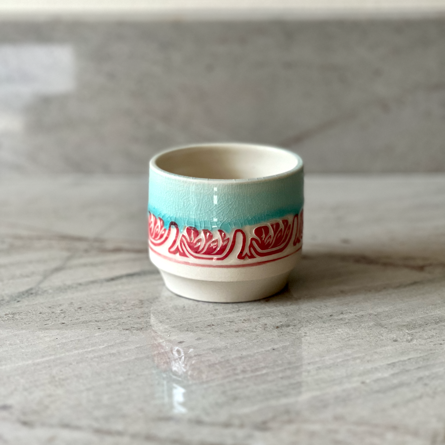 Small Porcelain Cup, Red Slip and Blue Glaze
