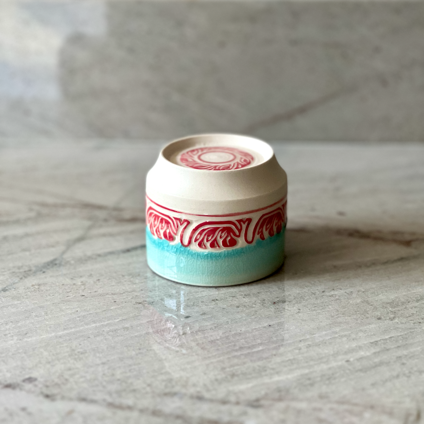 Small Porcelain Cup, Red Slip and Blue Glaze
