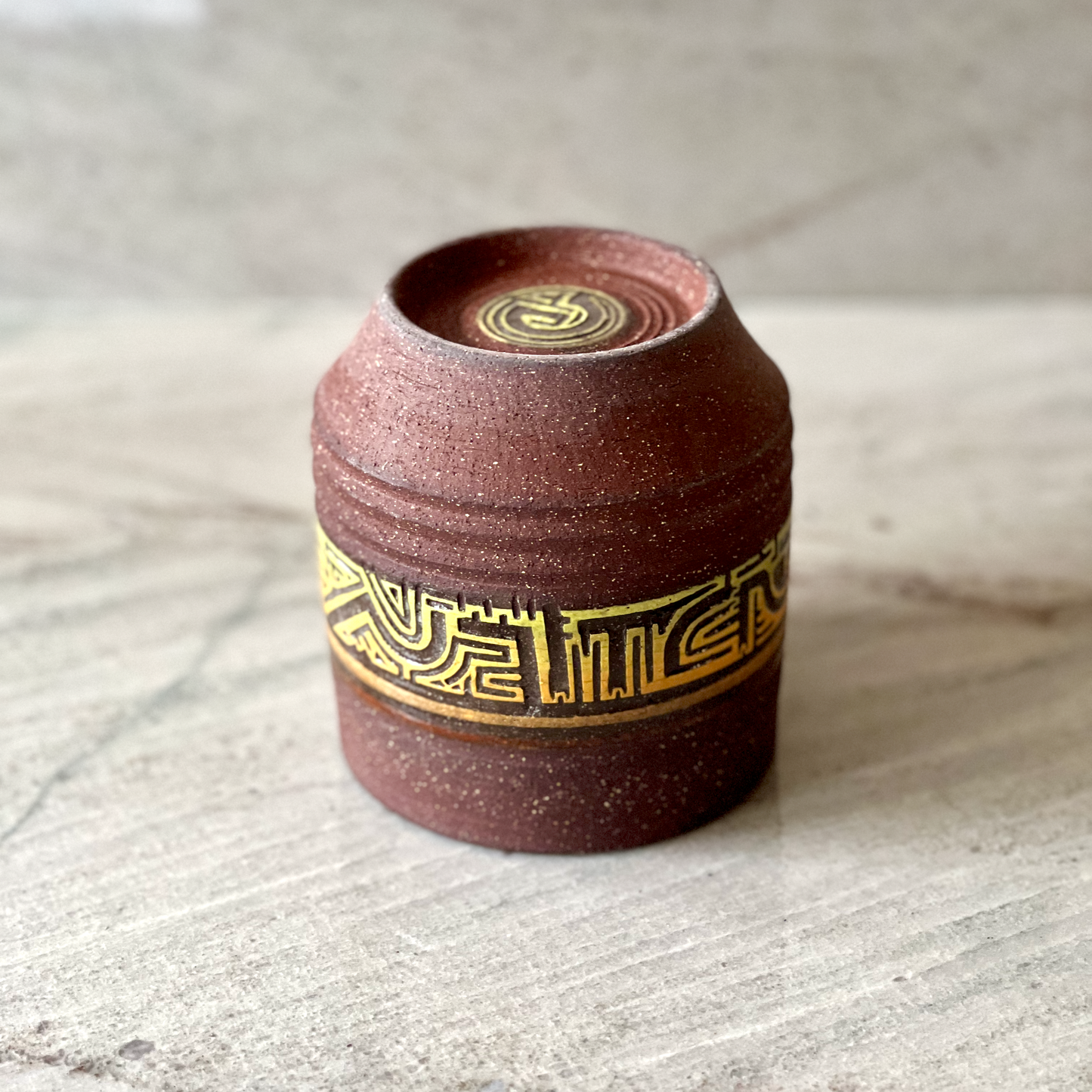 Large Maroon Colored Clay Cup, Colored Slip Geometric Carving