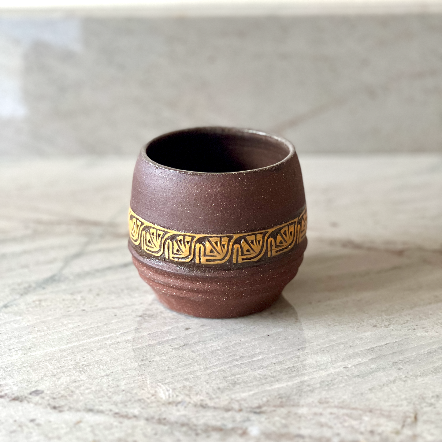 Medium Maroon Colored Clay Cup, Simple Orange Slip Carving