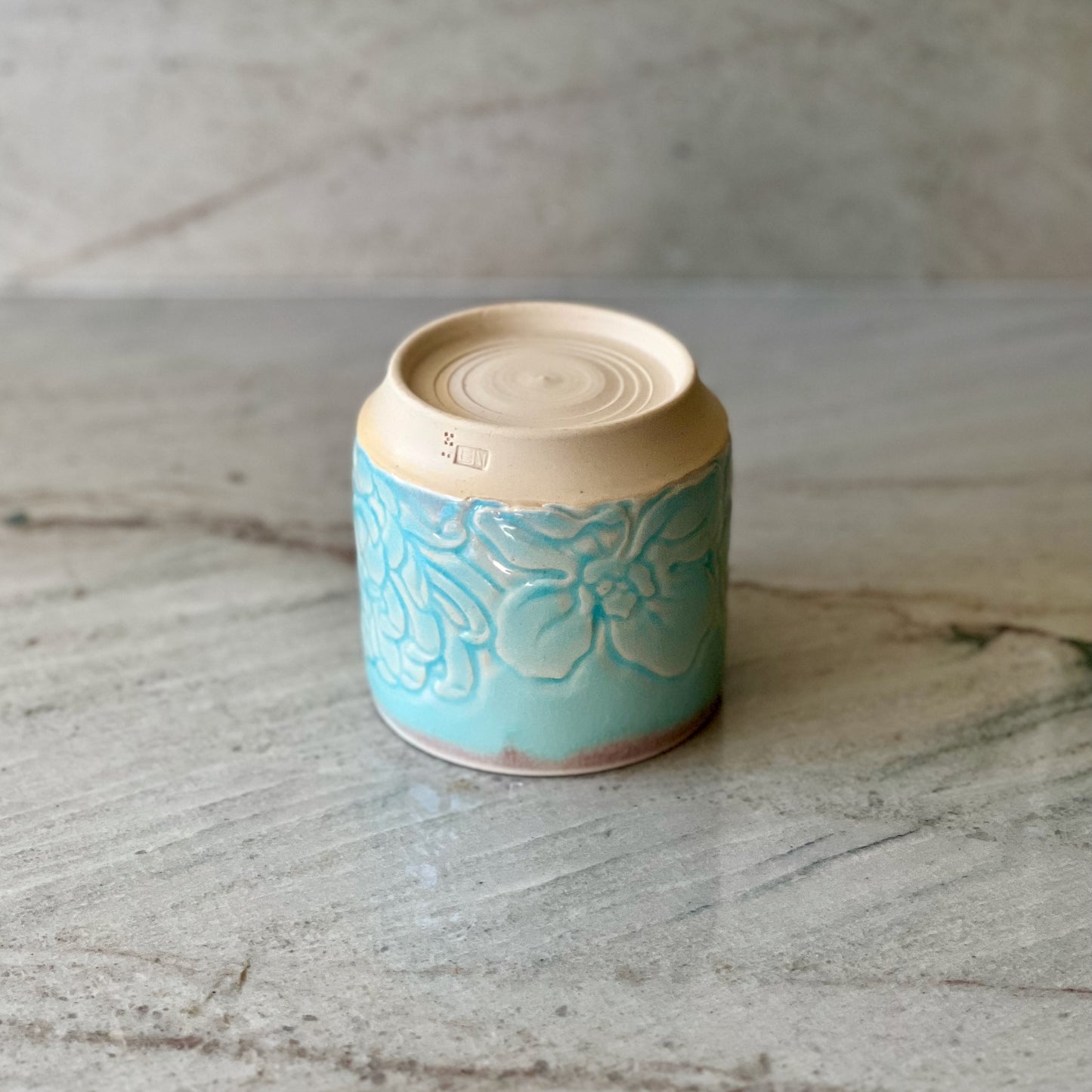 Small Floral Carved Cup, White Clay, Translucent Blue Glaze