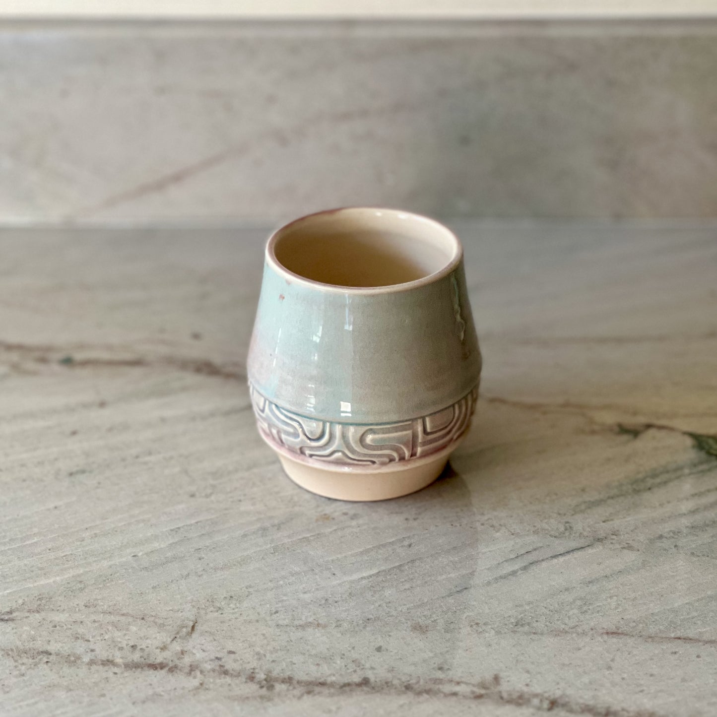 Small Cup With Band of Curved Grooves, Translucent Blue Glaze