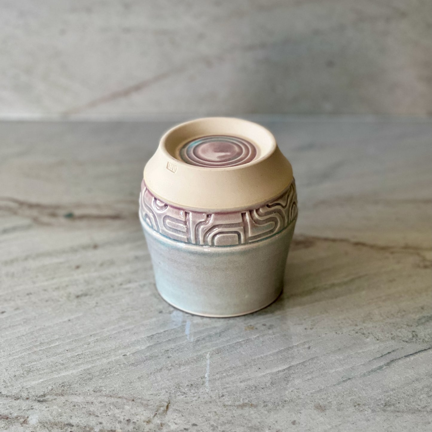 Small Cup With Band of Curved Grooves, Translucent Blue Glaze