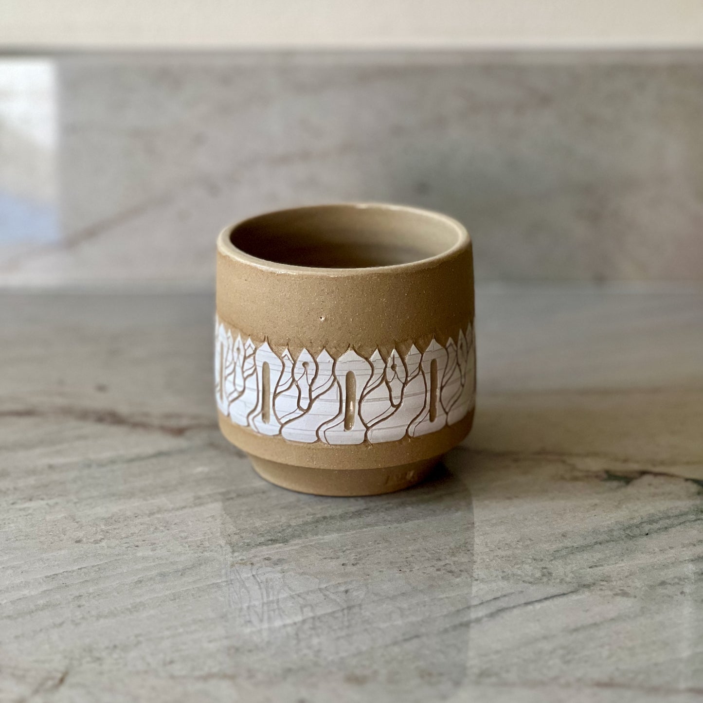 Small Sandy Clay Cup, White Slip Detail