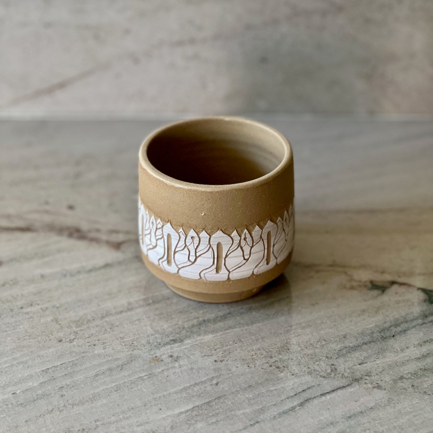 Small Sandy Clay Cup, White Slip Detail