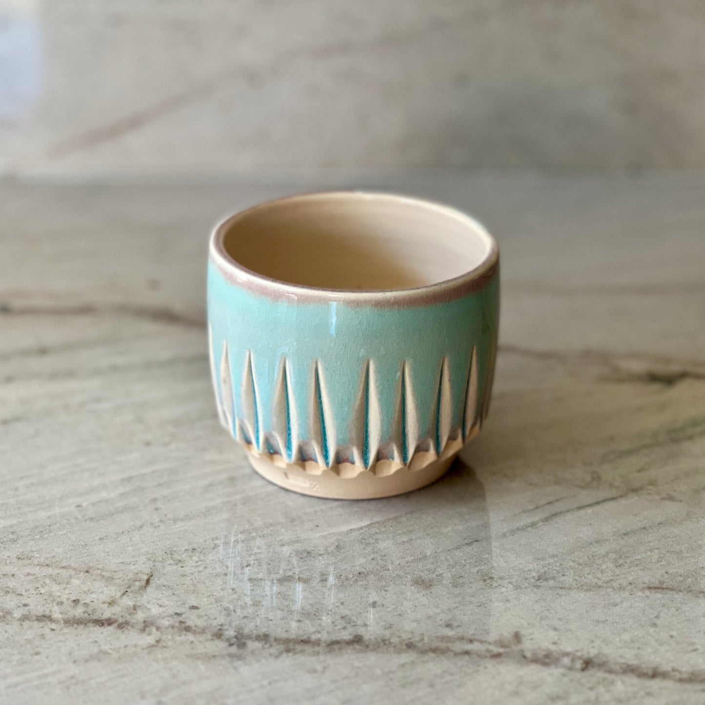 Small White Clay Cup, Fluted Pattern, Translucent Blue Glaze