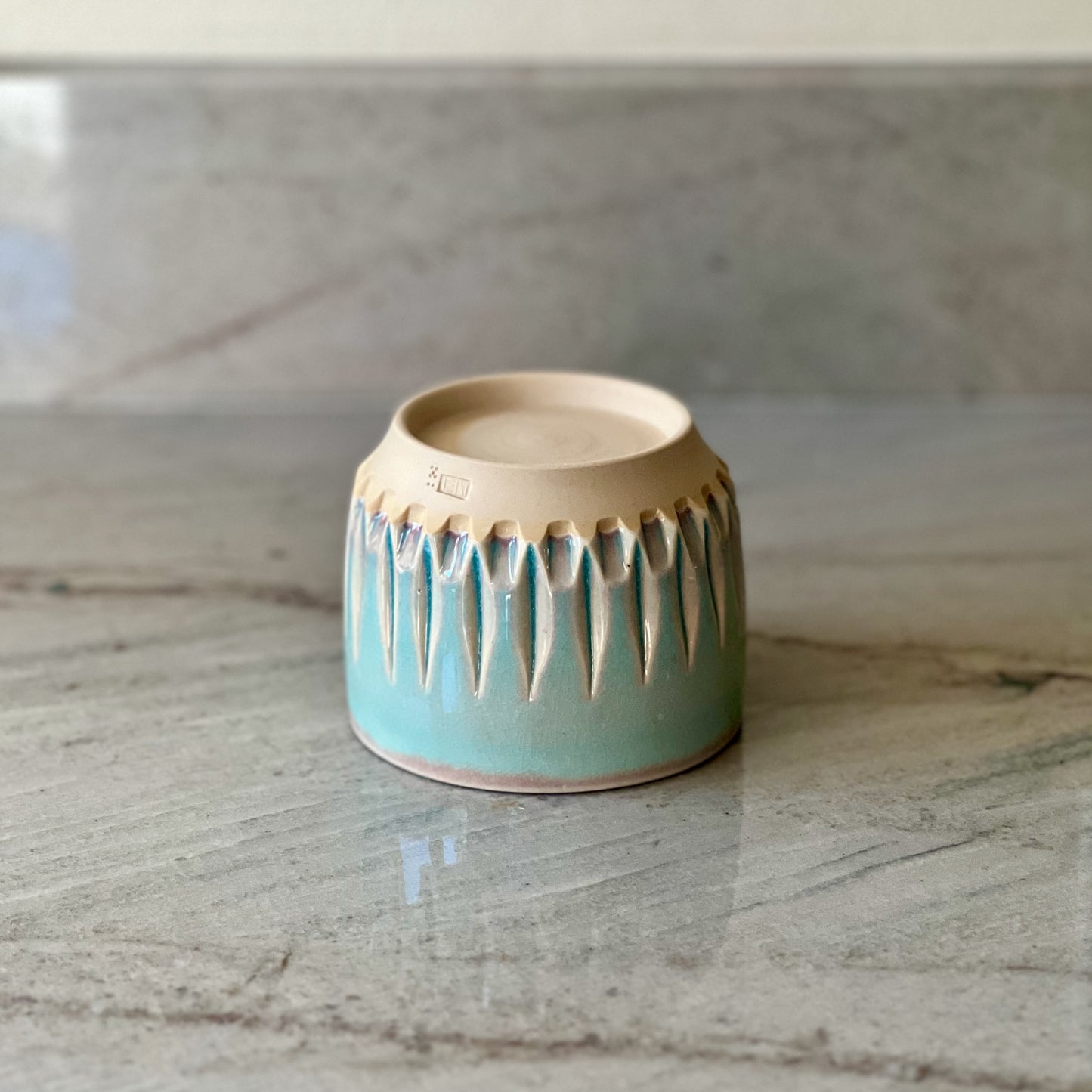 Small White Clay Cup, Fluted Pattern, Translucent Blue Glaze
