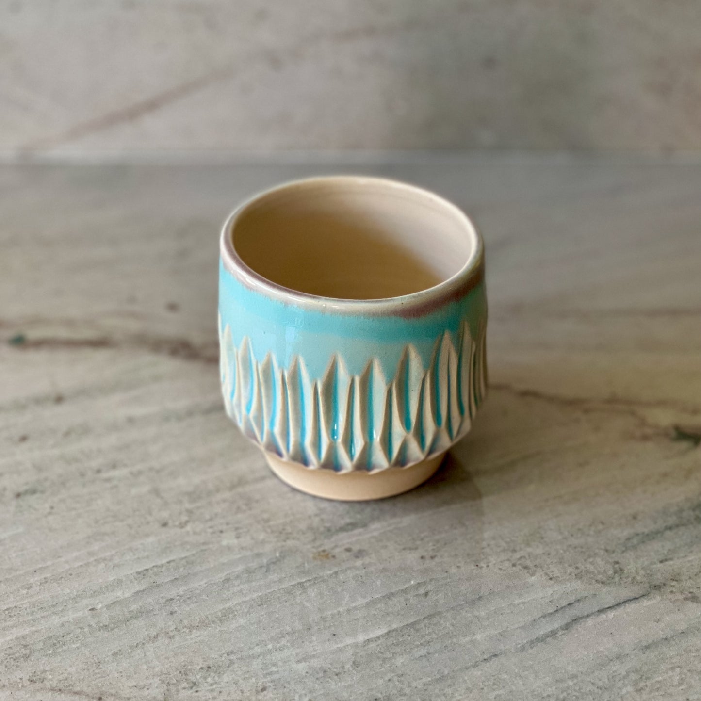 Small White Clay Cup, Fluted Pattern, Translucent Blue Glaze