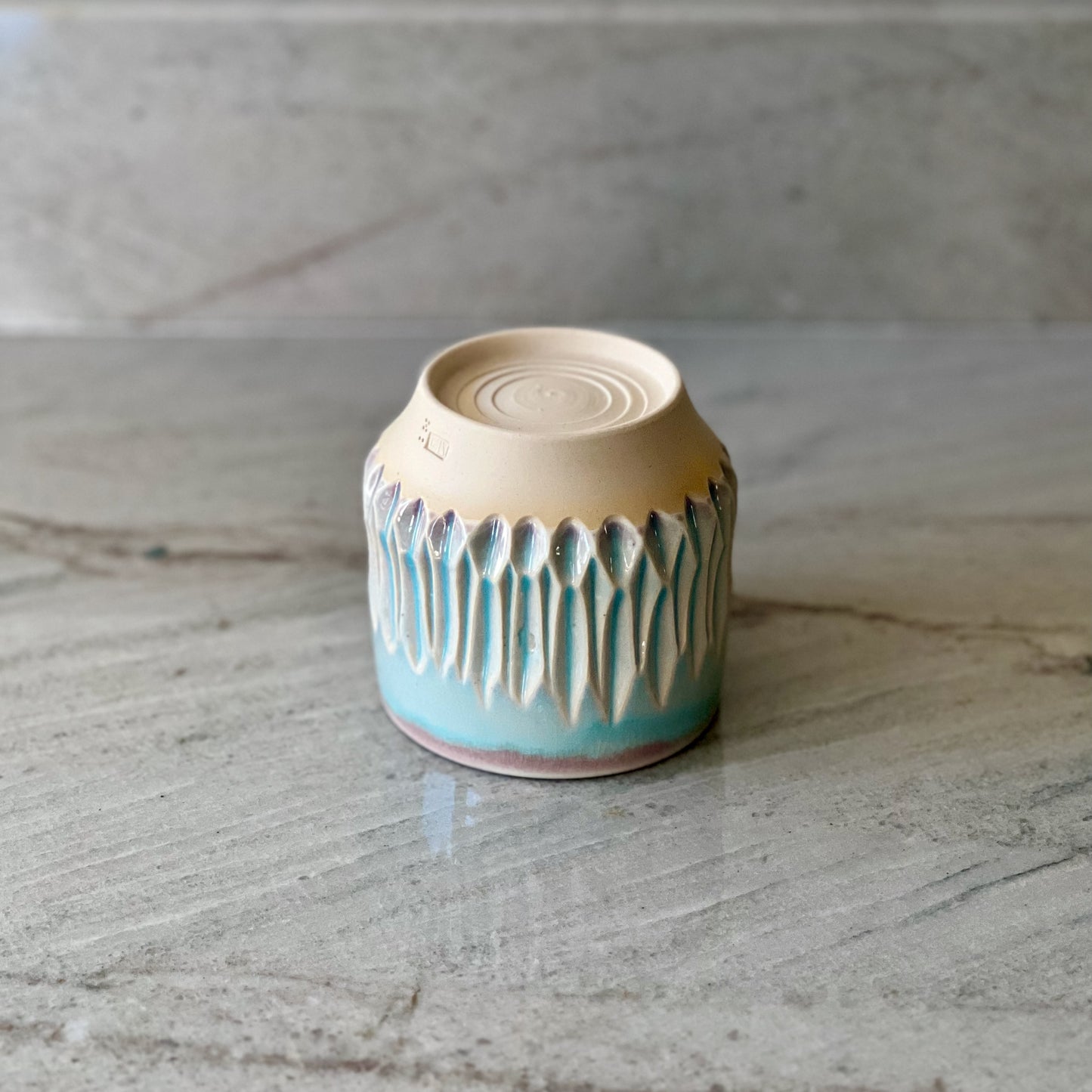 Small White Clay Cup, Fluted Pattern, Translucent Blue Glaze