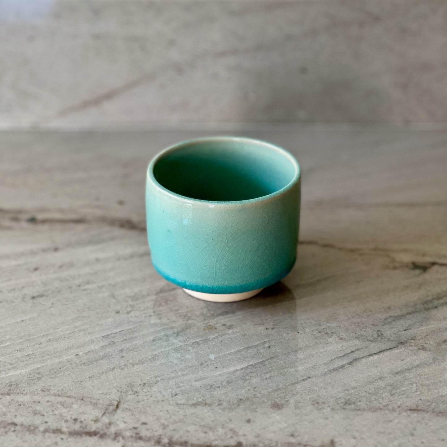 Small Plain White Clay Cup, Translucent Blue Glaze
