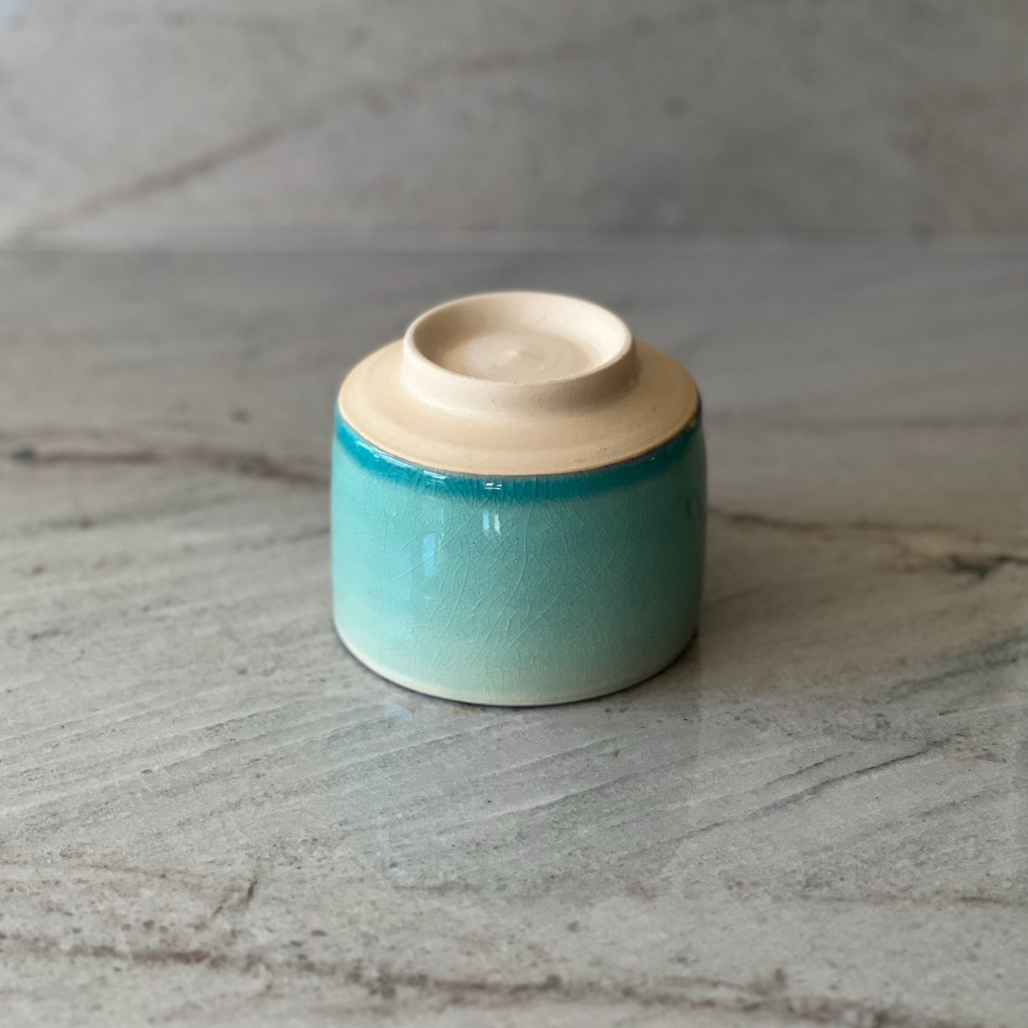 Small Plain White Clay Cup, Translucent Blue Glaze