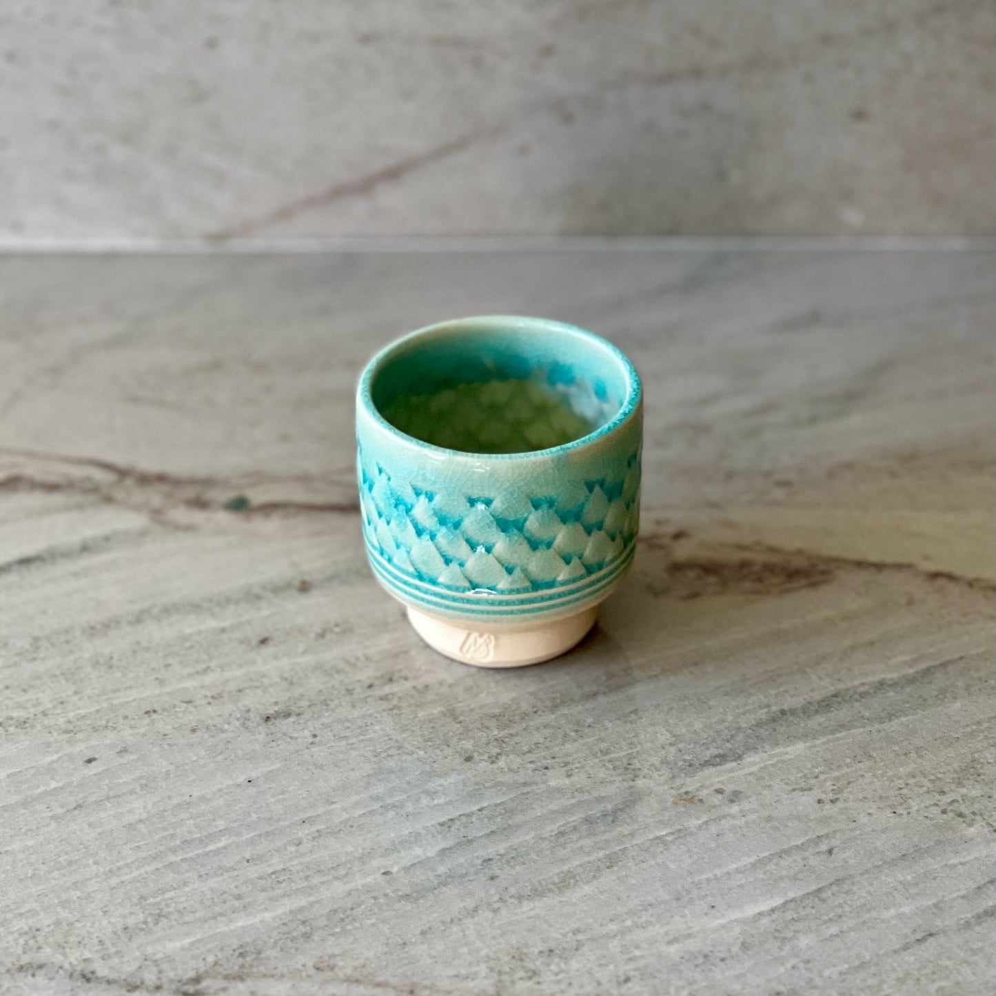 Small White Clay Cup, Scale Pattern and Blue Glaze