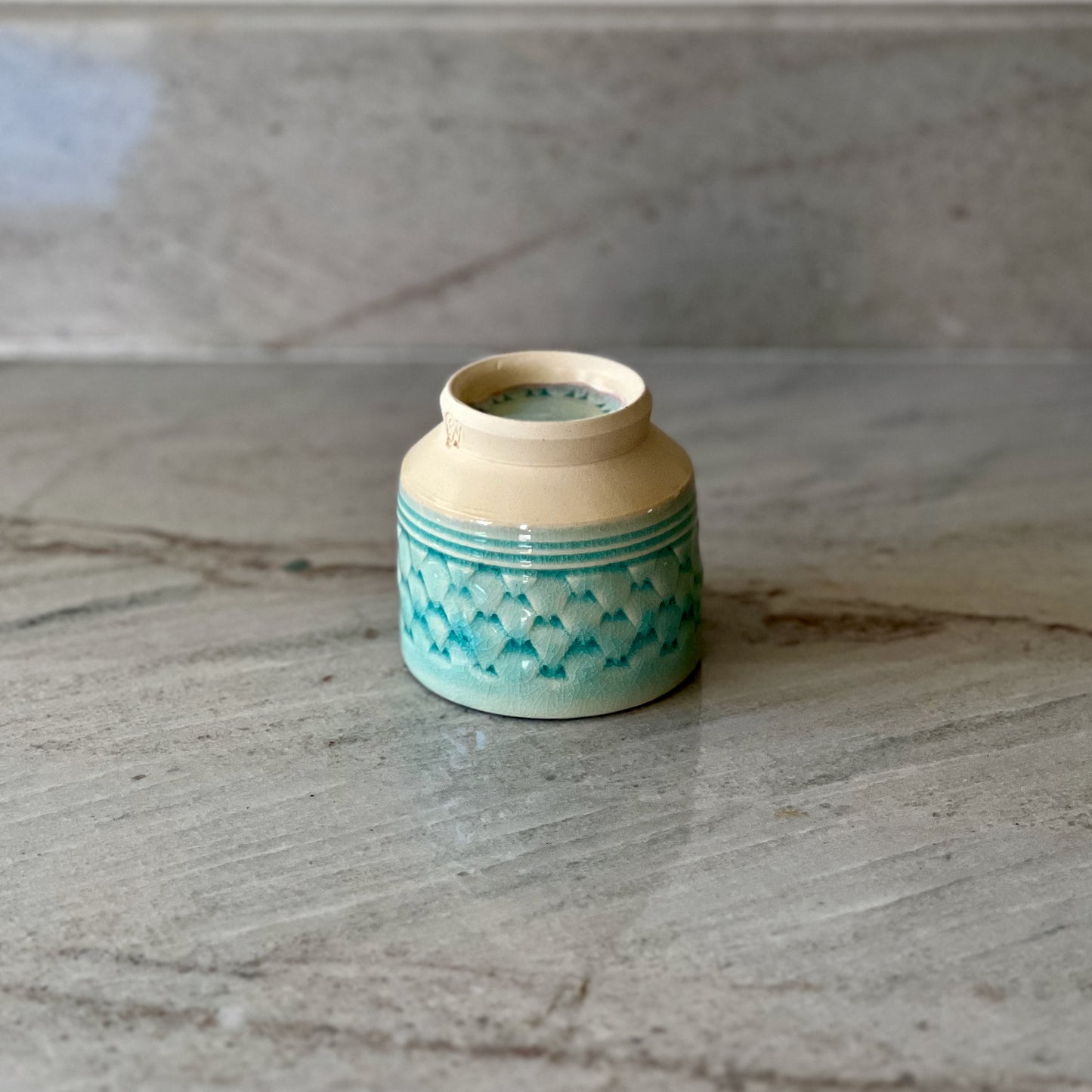 Small White Clay Cup, Scale Pattern and Blue Glaze