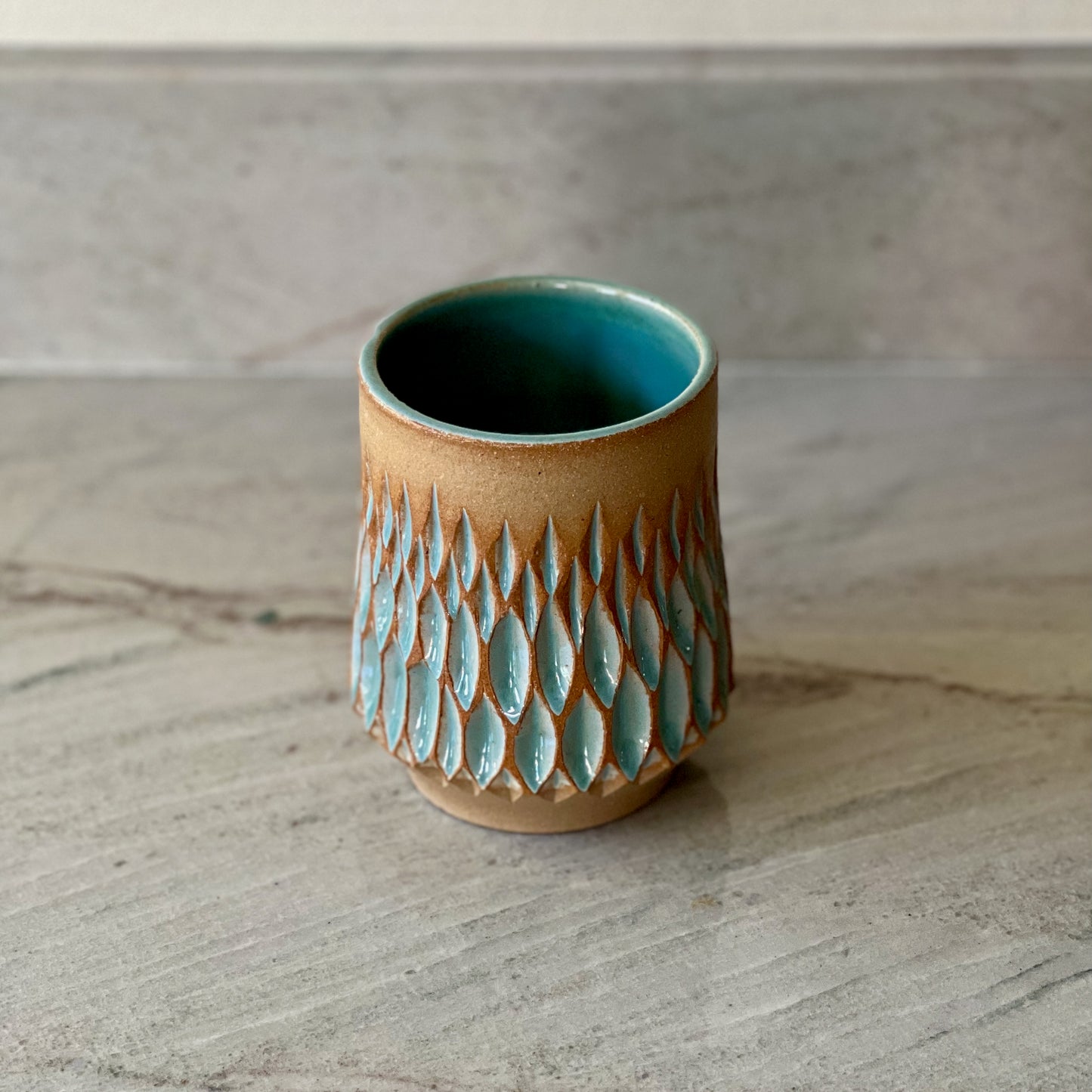 Large Sandy Clay Cup, Diamond Carved Pattern, Blue Green Glaze