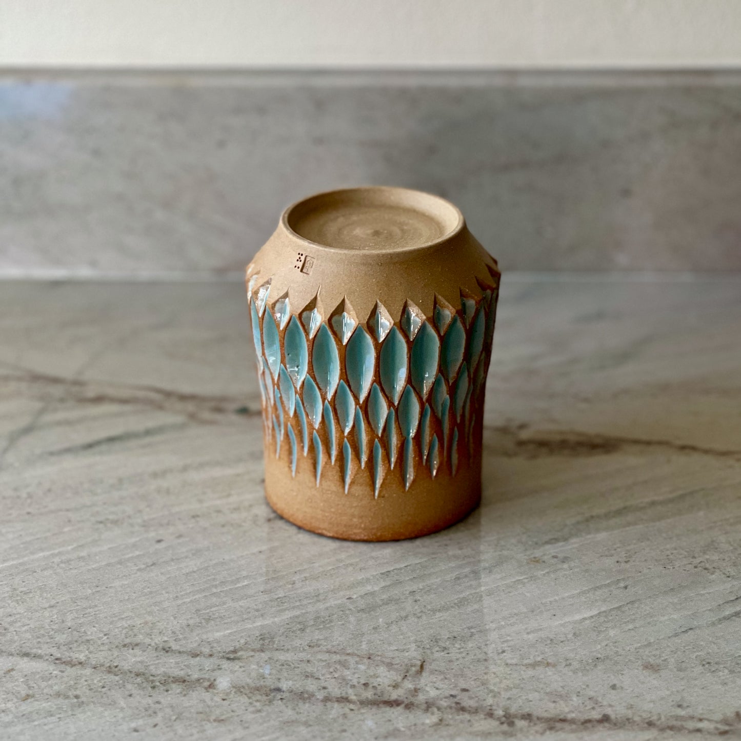 Large Sandy Clay Cup, Diamond Carved Pattern, Blue Green Glaze
