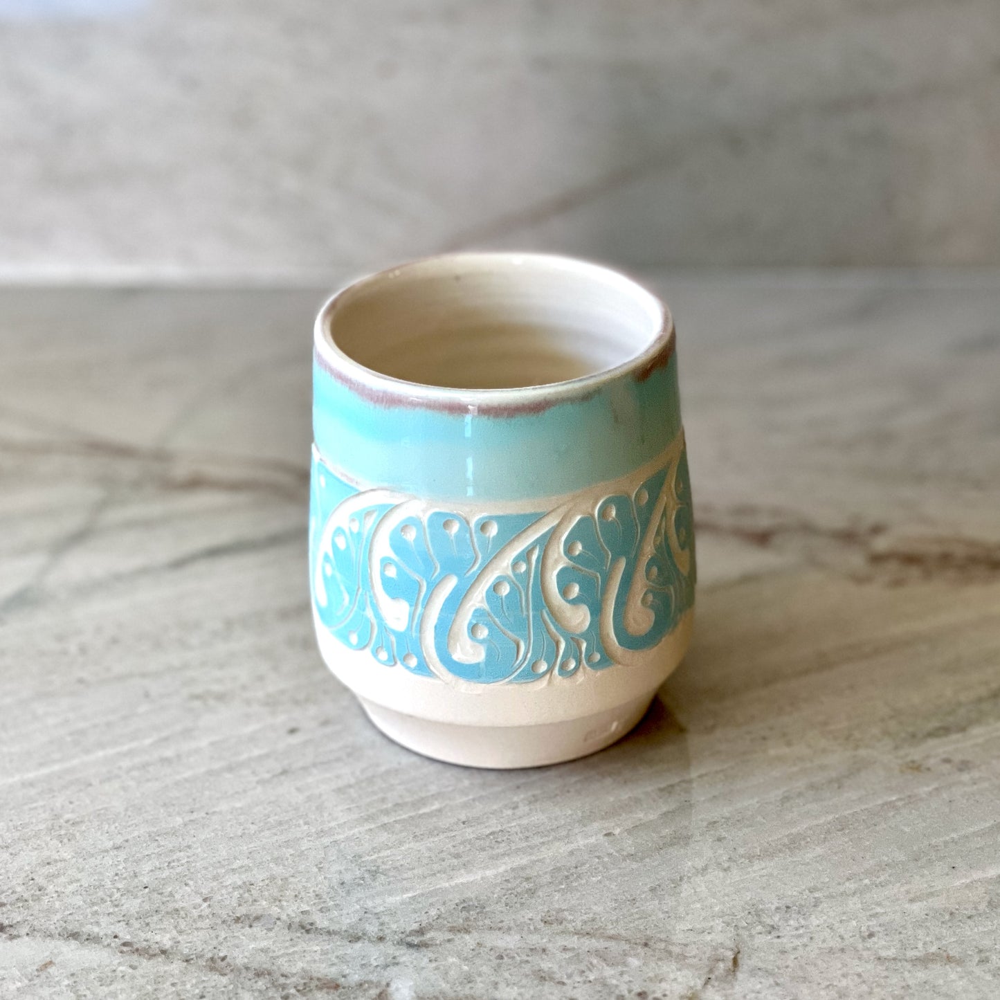 Porcelain Cup, Blue Slip Detail