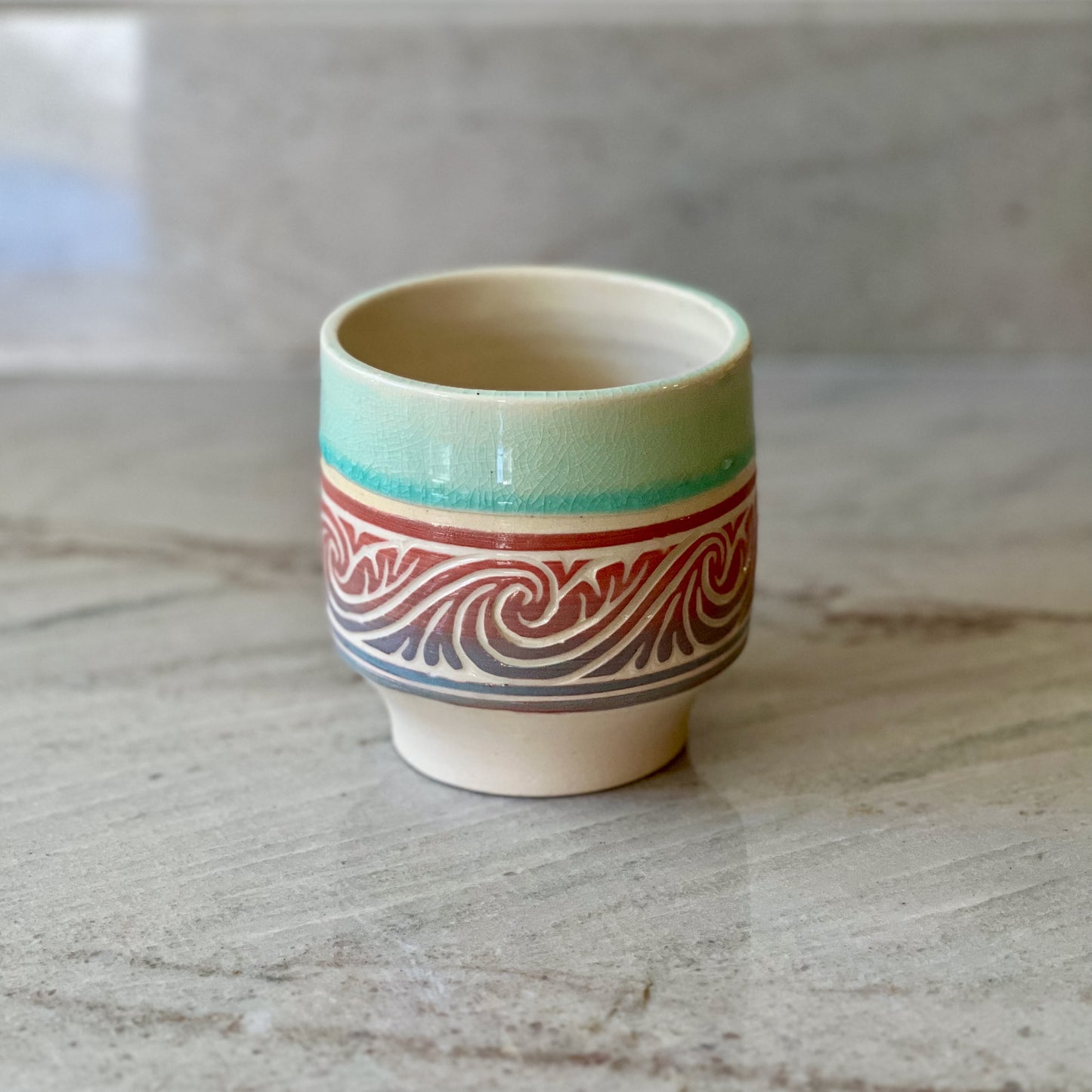 White Clay Cup, Red and Blue Detail