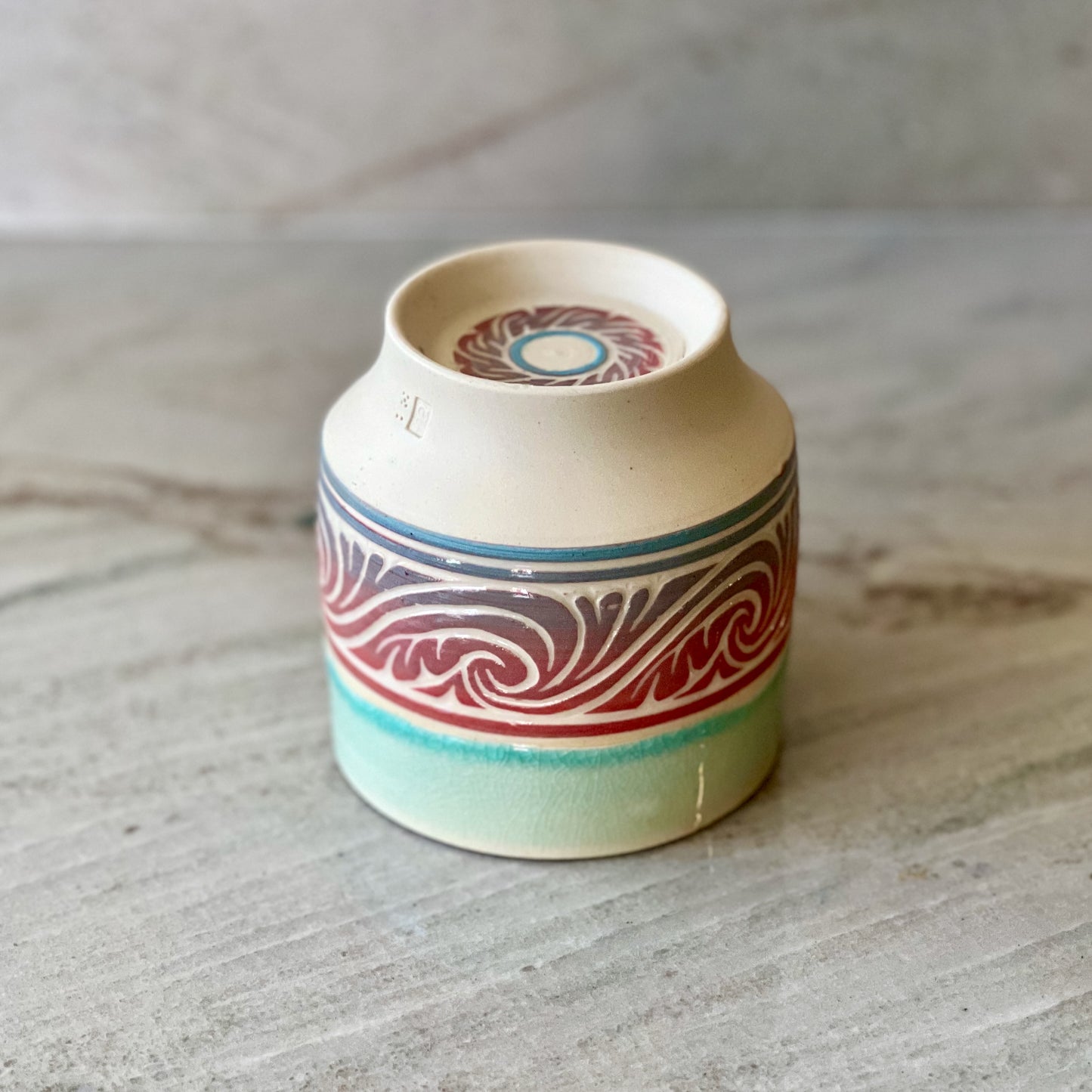 White Clay Cup, Red and Blue Detail