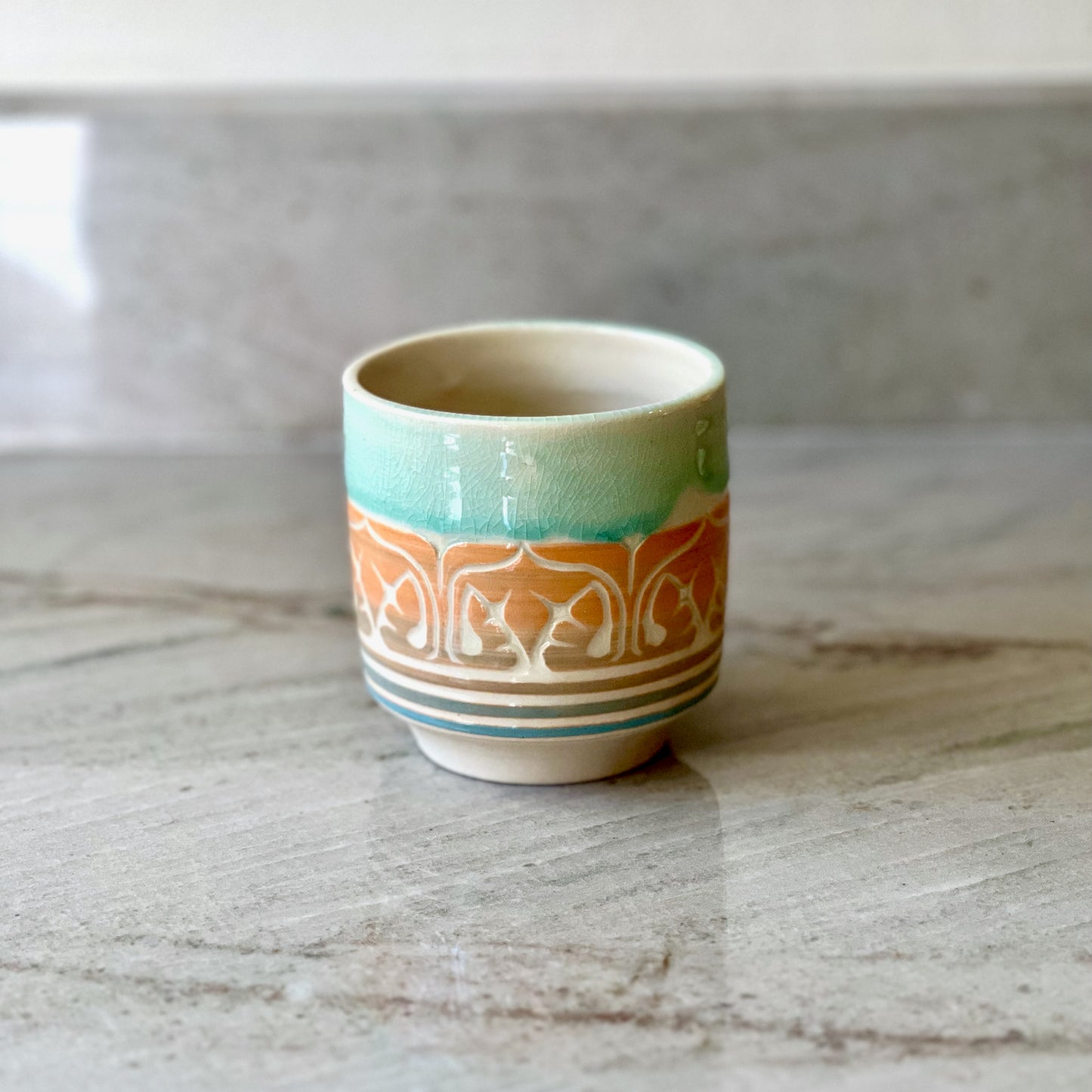 White Clay Cup, Orange and Blue Detail