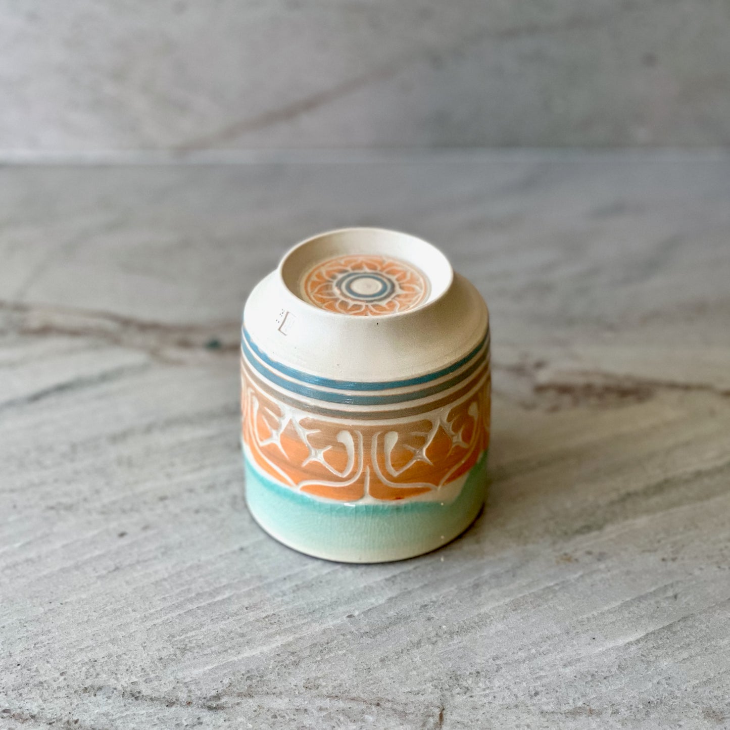 White Clay Cup, Orange and Blue Detail