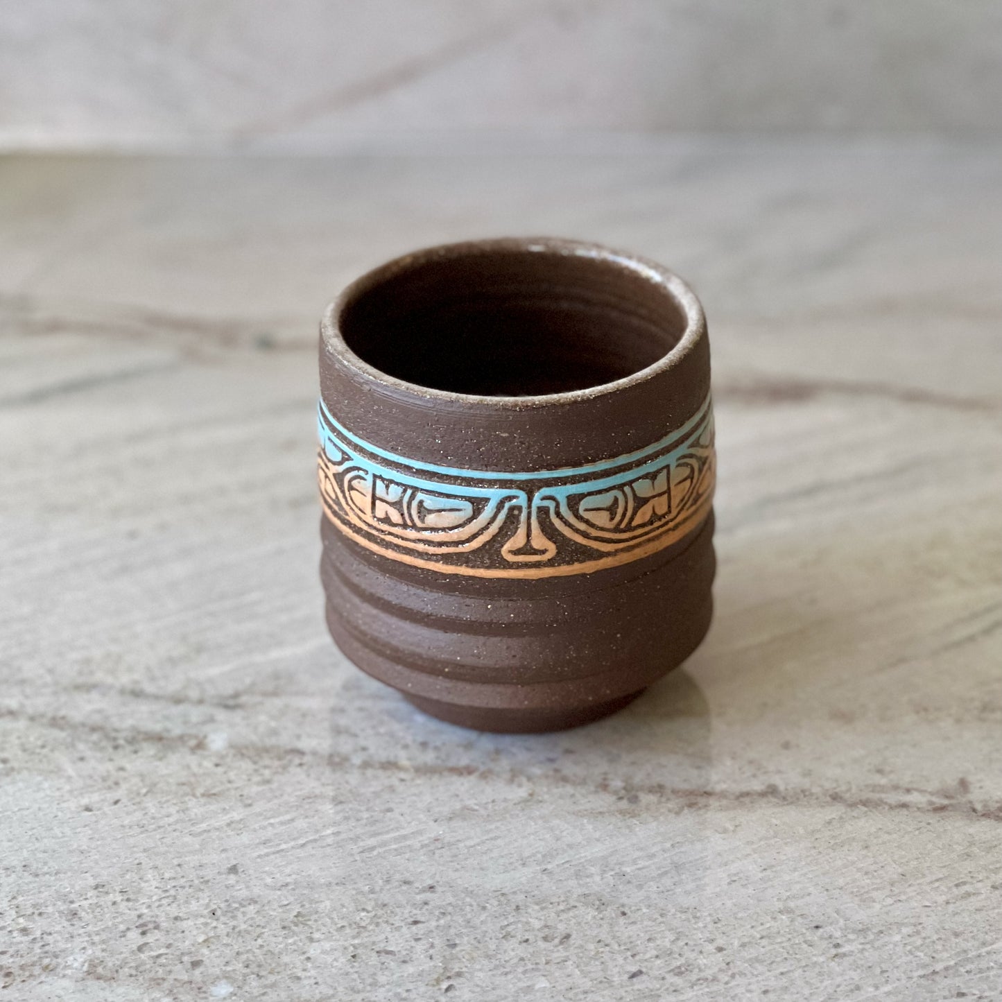 Charcoal Clay Cup, Blue and Orange Detail