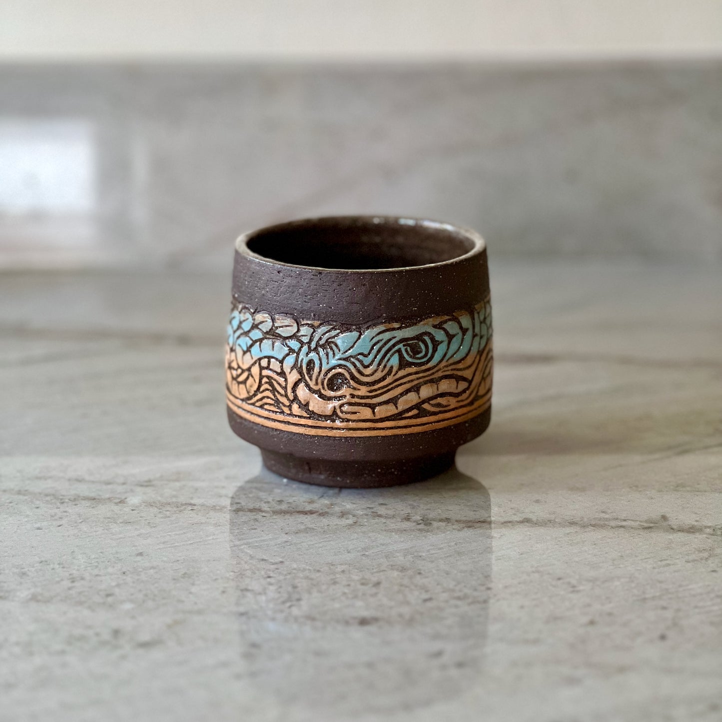 Charcoal Clay Cup, Dragon Slip Detail