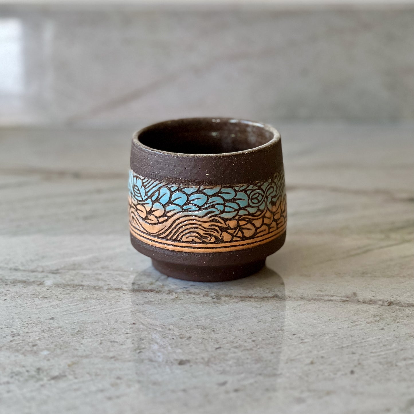 Charcoal Clay Cup, Dragon Slip Detail