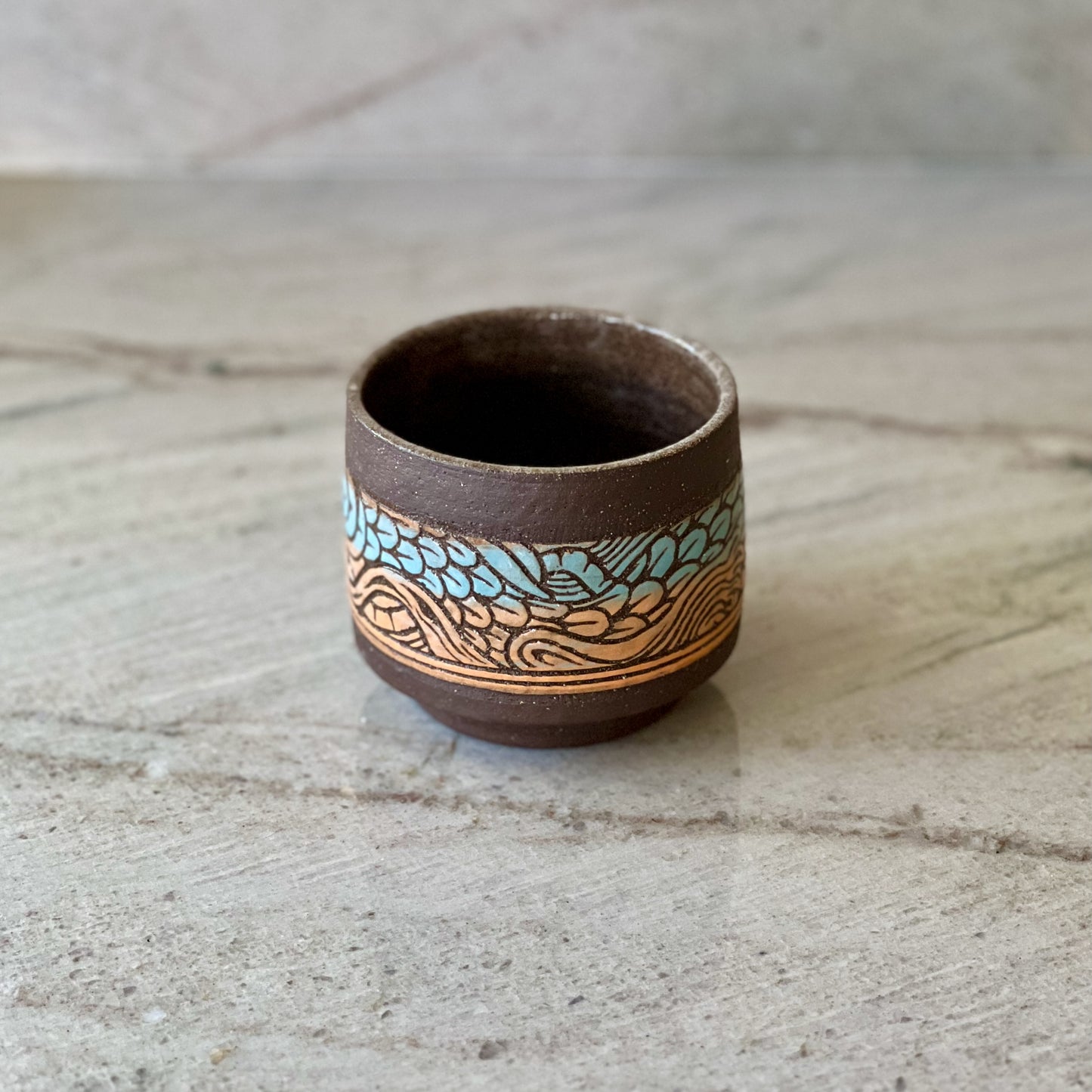 Charcoal Clay Cup, Dragon Slip Detail