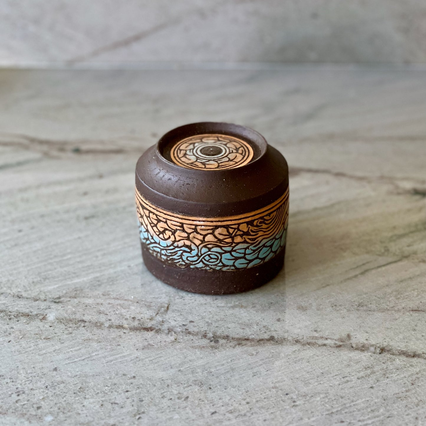 Charcoal Clay Cup, Dragon Slip Detail