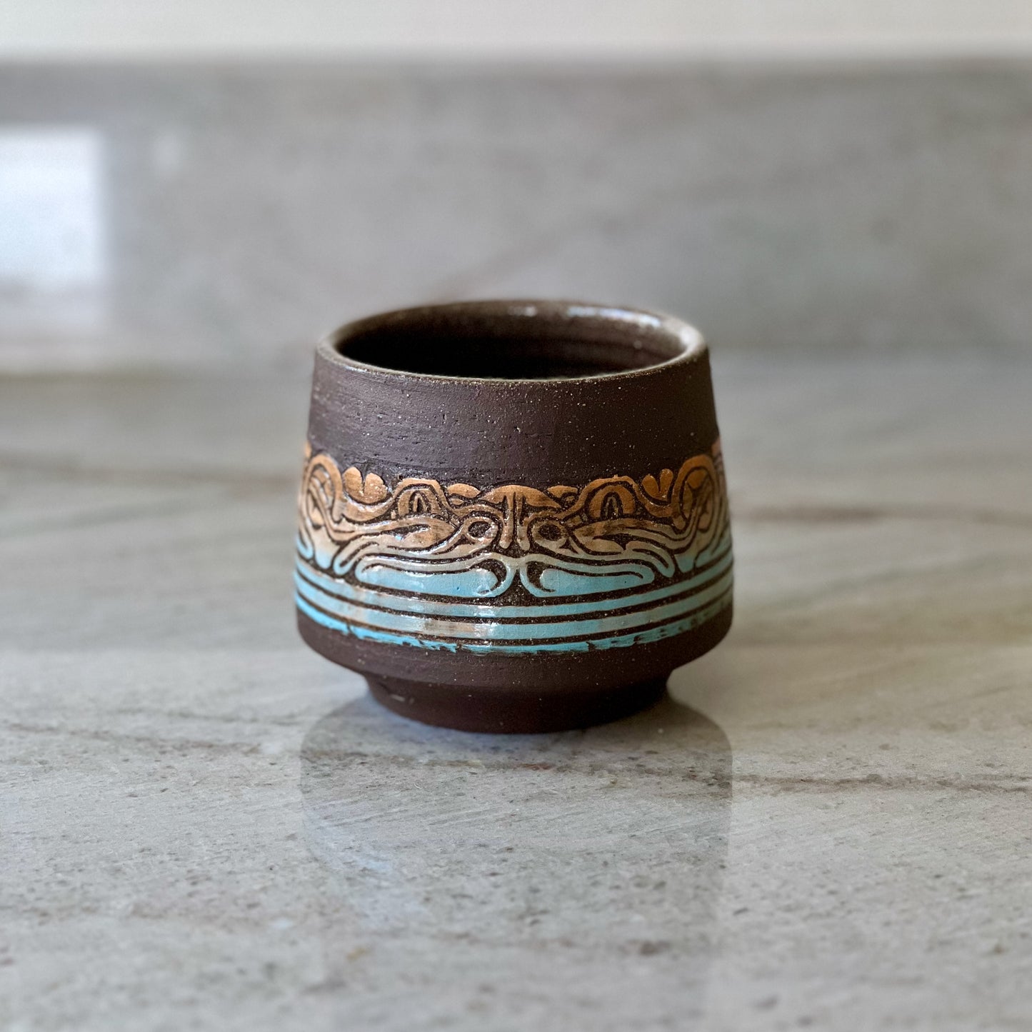 Charcoal Clay Cup, Frog Detail