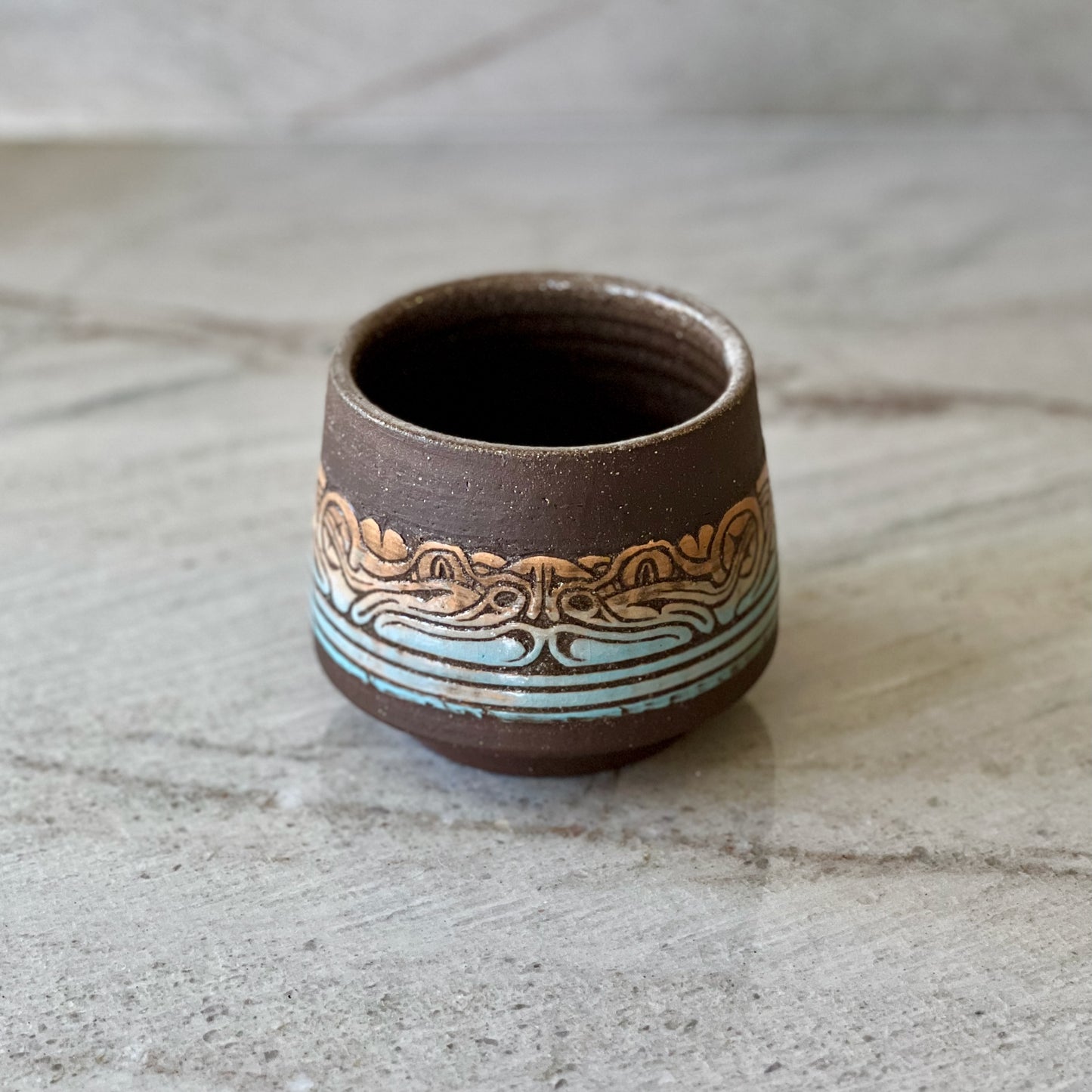 Charcoal Clay Cup, Frog Detail